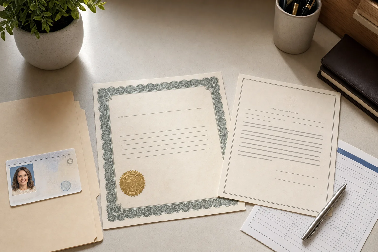 A clean, organized desk surface showing important estate documents laid out for a post office visit: a government-issued photo ID card, official death certificate with embossed seal, legal letters testamentary document, and a postal form, all arranged neatly on a neutral background with soft natural lighting, professional and respectful composition