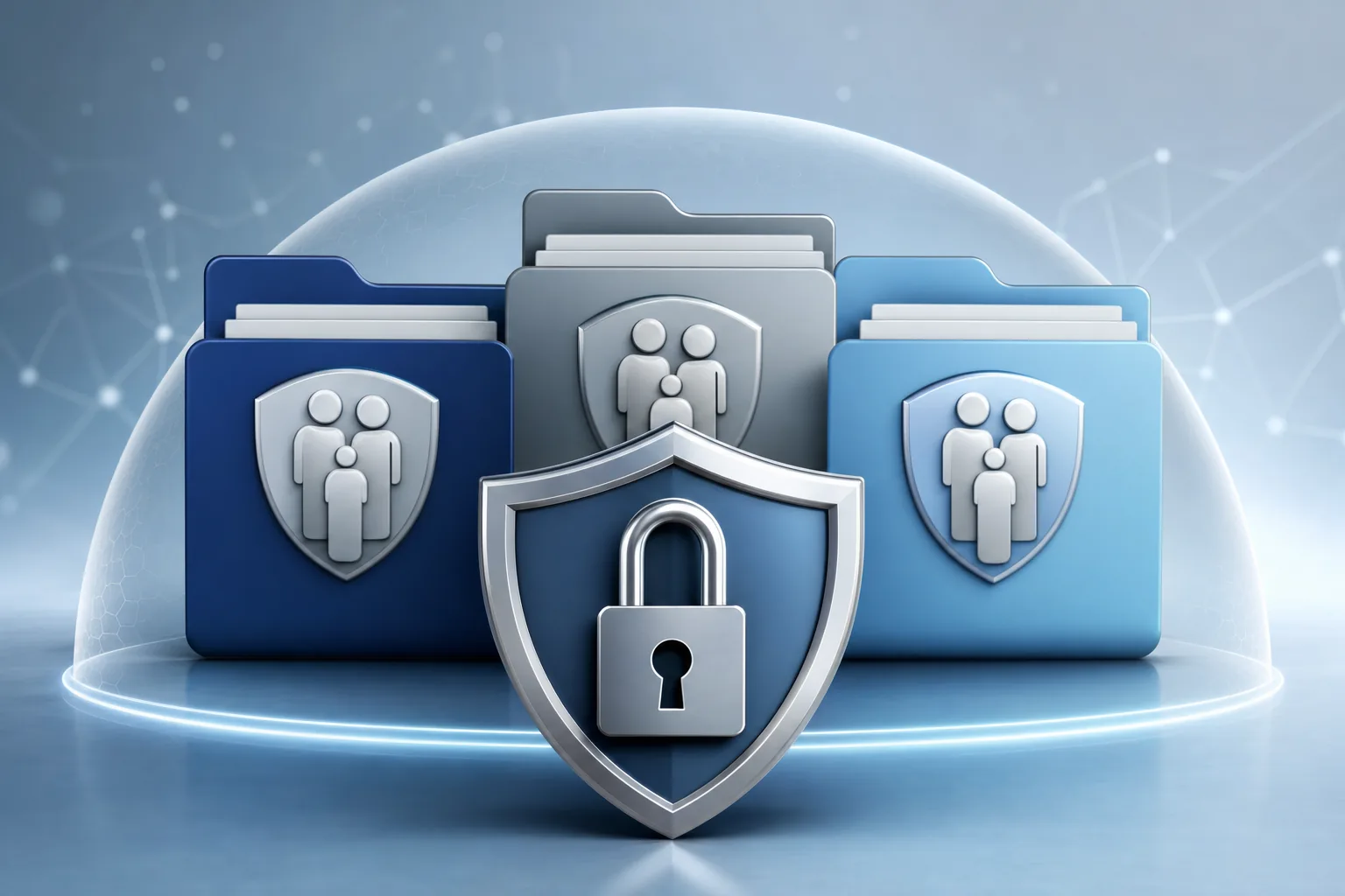 A secure credit file protection concept showing three credit bureau folders or shields (representing Equifax, Experian, and TransUnion) with a protective lock or barrier overlay, clean modern illustration style, professional color palette with blues and grays, conveying security and protection without any text or labels, soft lighting, organized composition
