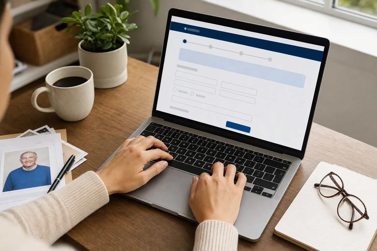 A clean, modern workspace showing a person's hands typing on a laptop computer, filling out an online government form on the screen. The scene is well-lit from natural window light, with a desk setup that includes a coffee cup and some papers nearby. The laptop screen shows a professional web form interface with fields and buttons. Photorealistic style, professional lighting, overhead angle view showing both the person and their workspace.