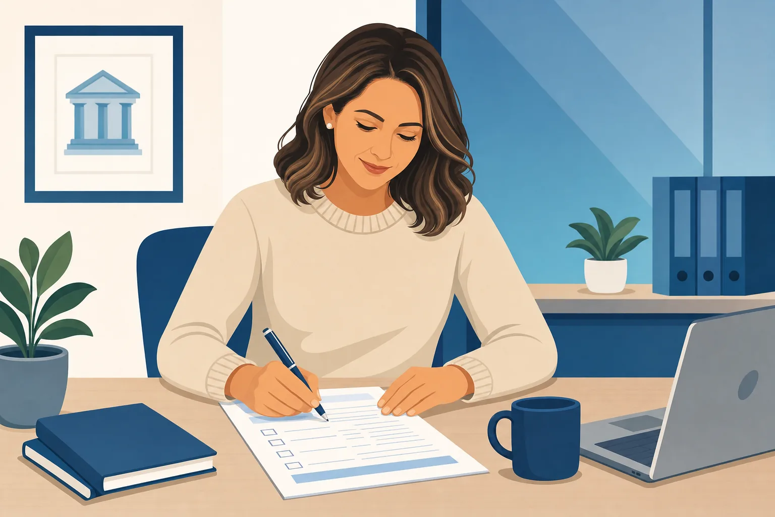 A clean, modern illustration showing a person sitting at a desk reviewing and filling out a bank beneficiary form. Show the form on the desk with checkboxes and lines, a pen in hand, and a calm, focused expression. Use a simple flat design style with blue and neutral tones, professional banking environment. No text, words, or letters visible on any documents.
