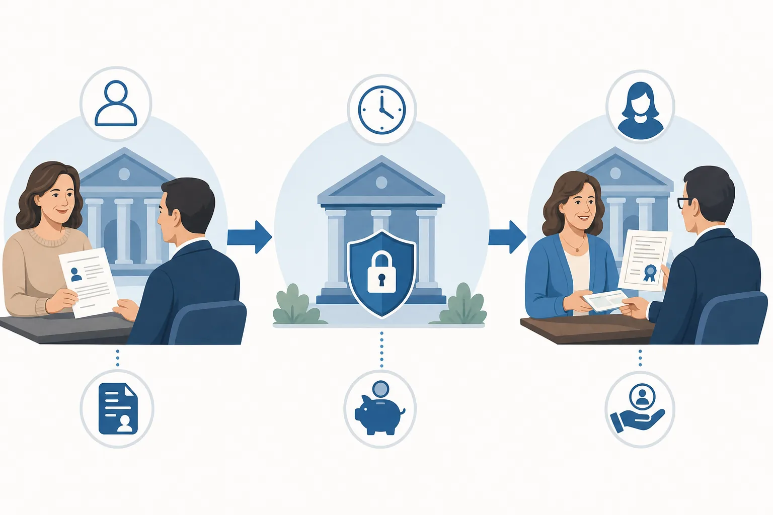 A clean, professional diagram showing the POD bank account process flow. Show three stages: 1) account owner at bank with beneficiary form, 2) passing of time with account active, 3) beneficiary at bank with death certificate receiving funds. Use simple icons, flowing arrows, and a modern flat design style with blue and neutral tones. No text or letters.
