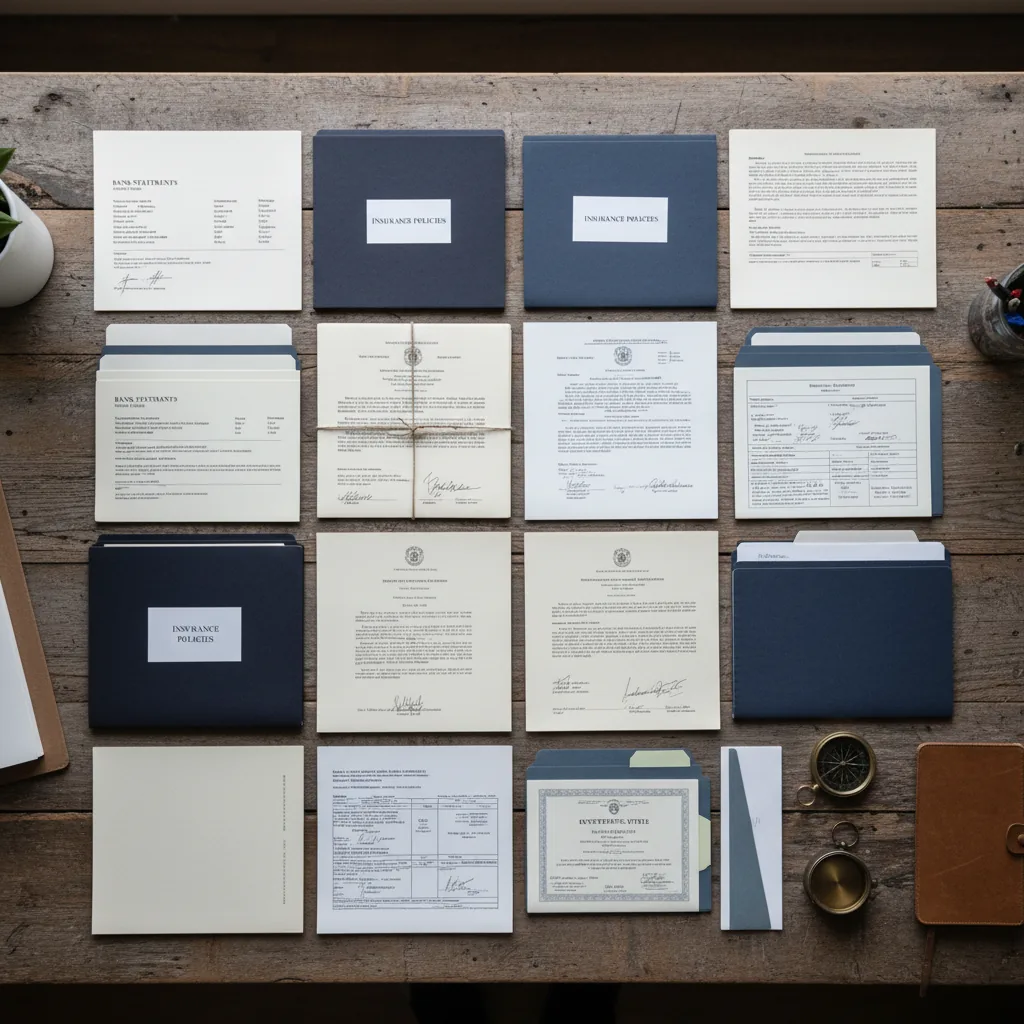 A clean, organized overhead view of estate planning documents and financial items arranged in a grid pattern on a wooden desk. Include bank statements, insurance policy folders, property deed documents, retirement account paperwork, vehicle title certificates, and investment portfolio folders. Soft natural lighting, professional photography style, muted colors with blues and grays, giving a sense of organization and completeness. No text or words visible on any documents.