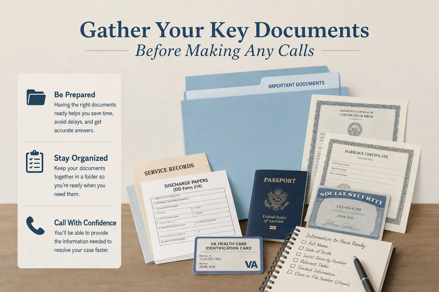 A clean, organized overhead view of estate planning documents and financial items arranged in a grid pattern on a wooden desk. Include bank statements, insurance policy folders, property deed documents, retirement account paperwork, vehicle title certificates, and investment portfolio folders. Soft natural lighting, professional photography style, muted colors with blues and grays, giving a sense of organization and completeness. No text or words visible on any documents.