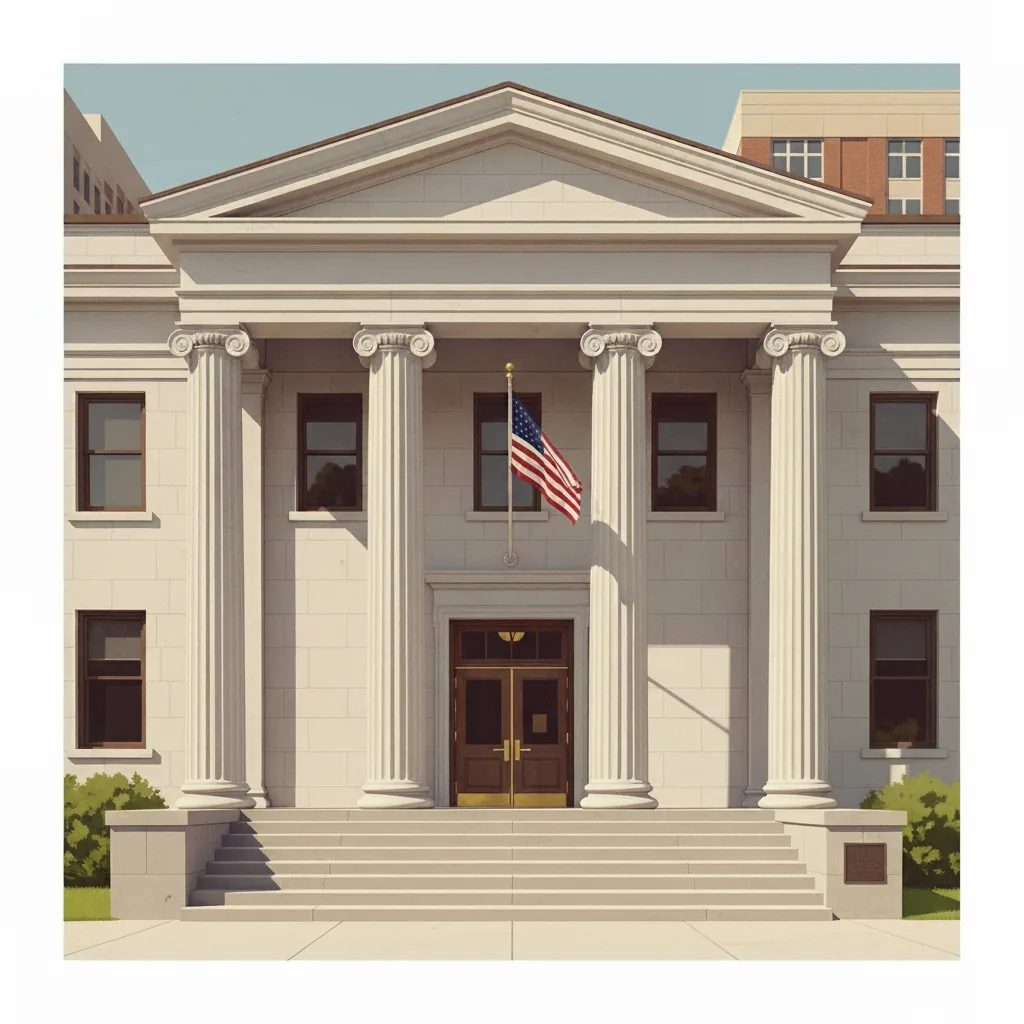 A welcoming county courthouse entrance with classical architecture, stone steps leading to wooden doors, American flag, clean modern illustration style, professional and approachable atmosphere, daytime lighting, no people visible