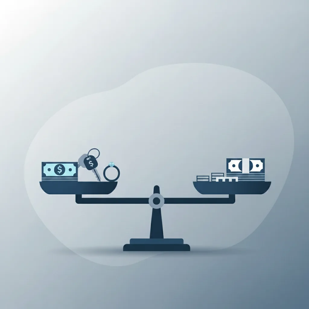A clean, modern illustration showing a balance scale with personal property items on one side (bank statements, car keys, investment documents, jewelry) and a dollar amount threshold marker on the other side. The scale is balanced, suggesting the concept of measuring estate value against a legal threshold. Use a professional color palette with blues and grays. The style should be simple, flat design with clear iconography that conveys financial decision-making and asset evaluation.