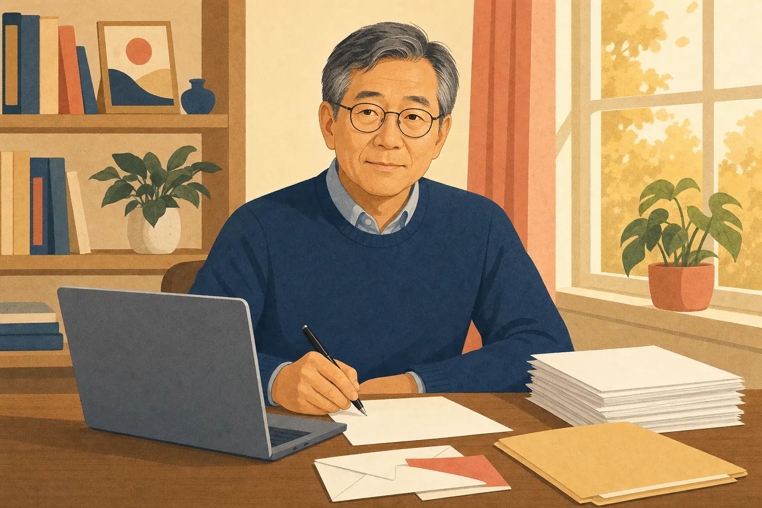 Illustrated older man in glasses and a navy sweater writing at a desk beside a laptop and stacks of papers
