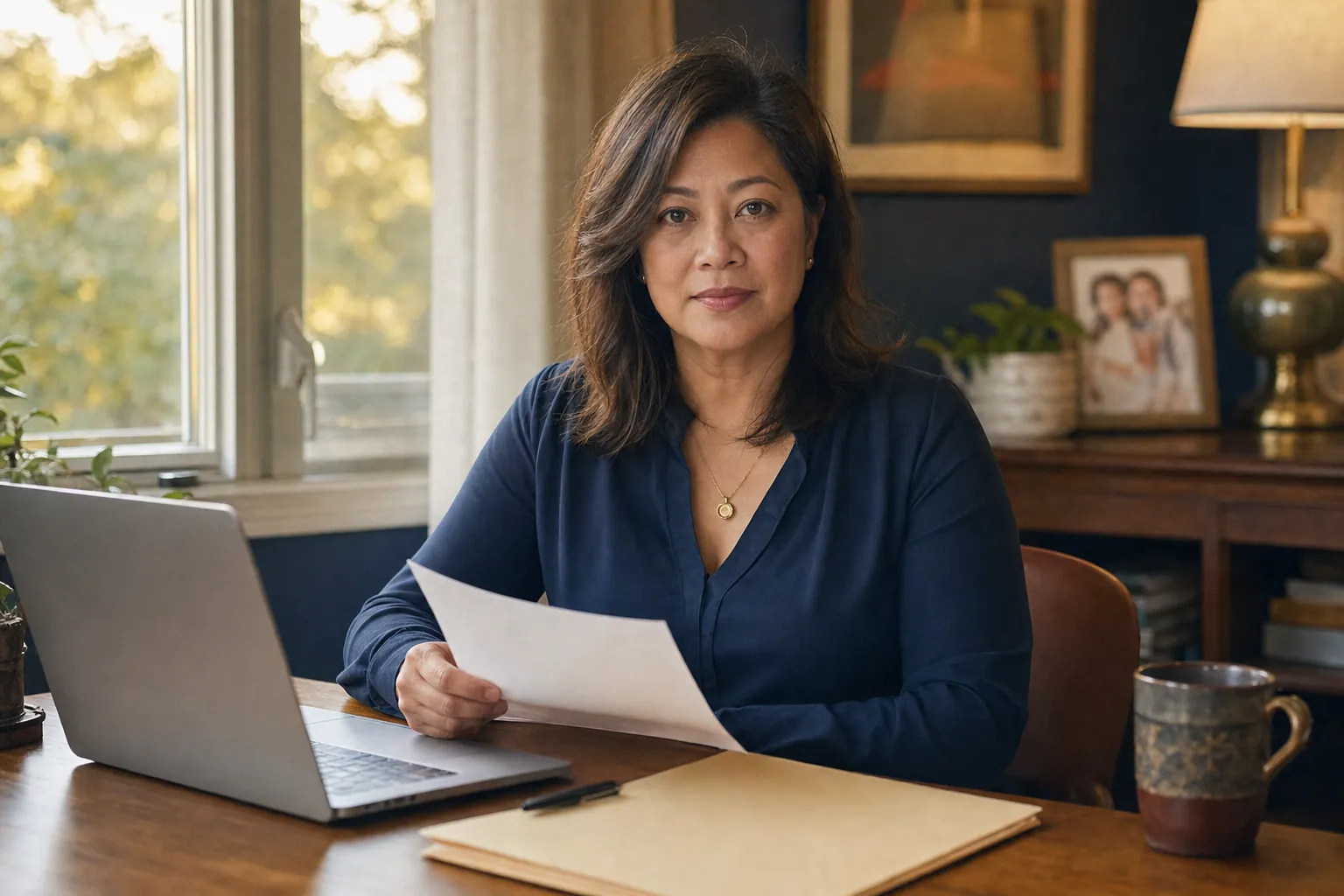 Woman in a navy blouse holding a sheet of paper at a desk with a laptop and folder by a window