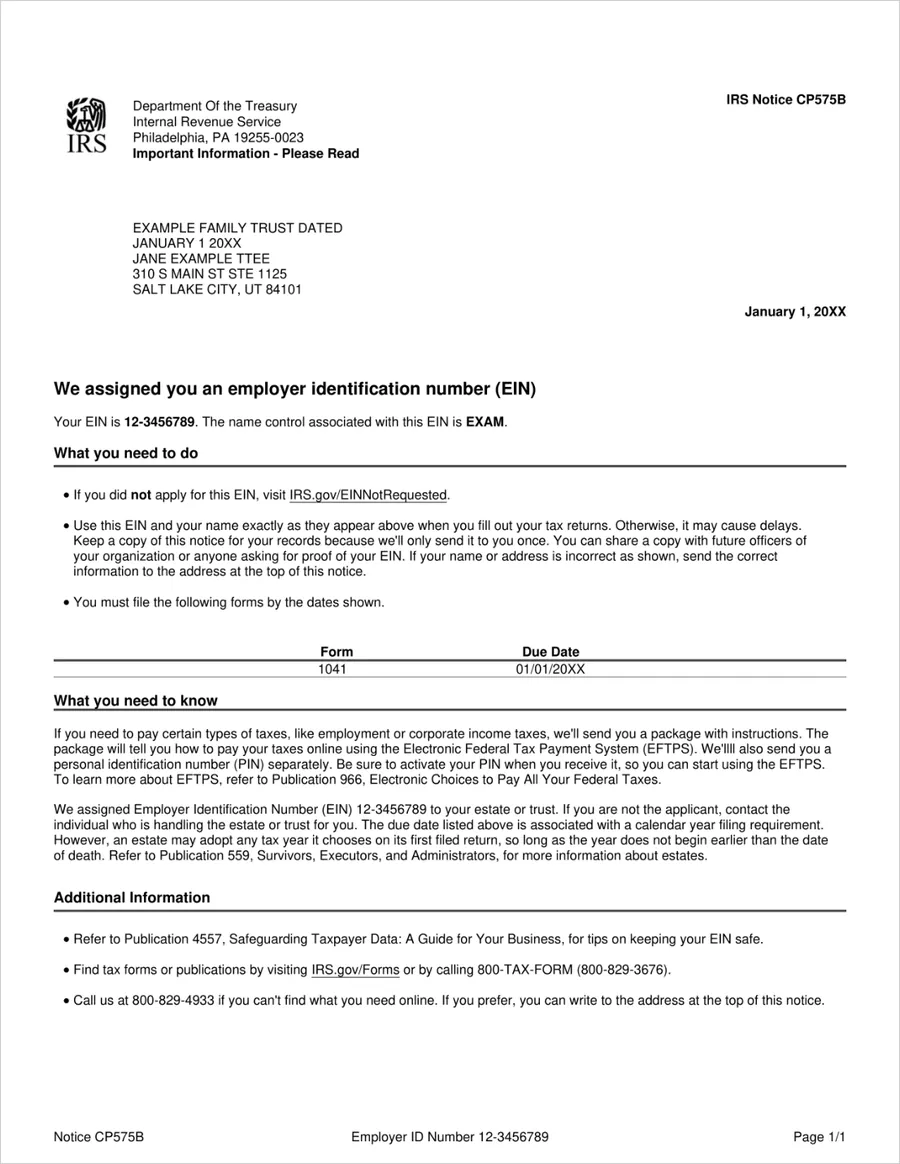Sample IRS Notice CP575B EIN letter for a trust, issued to Example Family Trust with Jane Example as trustee