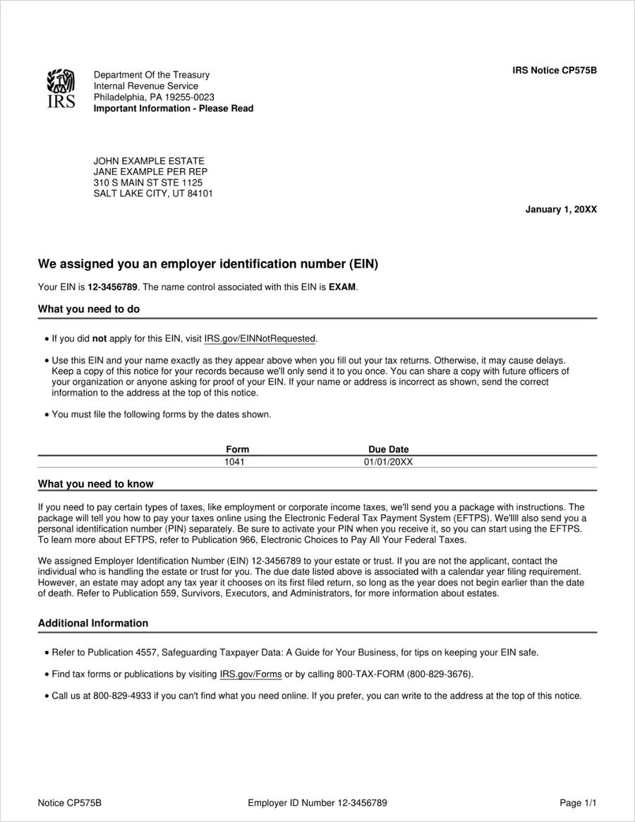 Sample IRS Notice CP575B EIN letter for an estate, issued to John Example Estate with Jane Example as personal representative