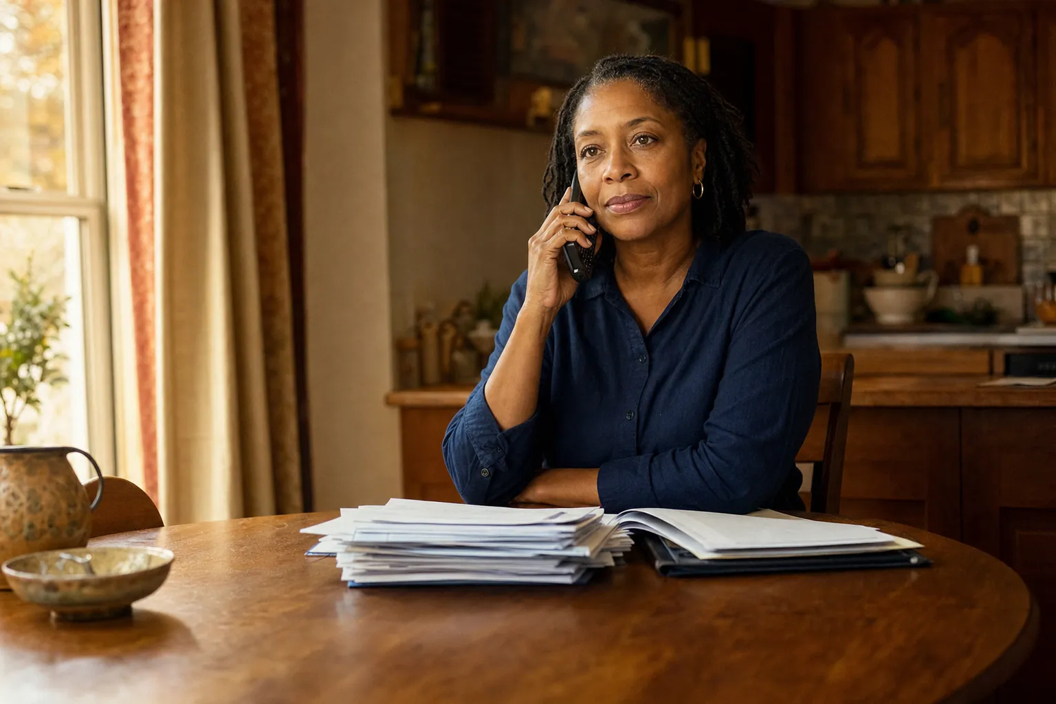 Woman on the phone at her kitchen table with a stack of bank statements