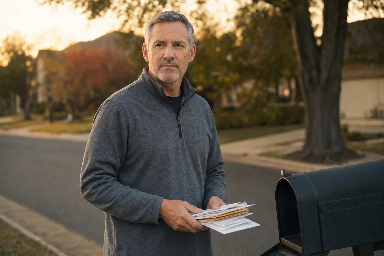 Middle-aged man in a gray quarter-zip holding a bundle of envelopes beside a curbside mailbox on a suburban street