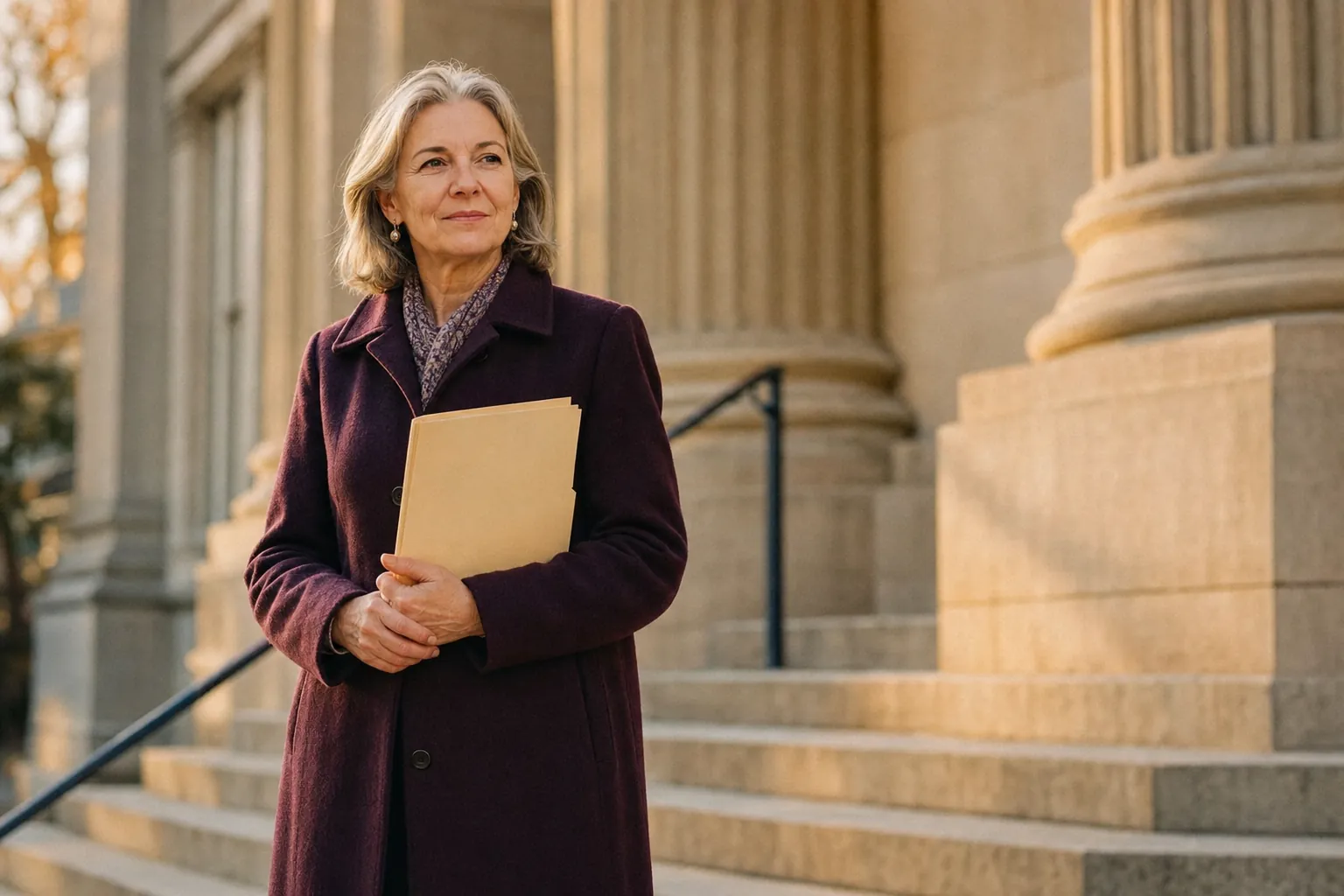 Older woman in a plum coat standing on the steps of a classic county courthouse holding a manila folder