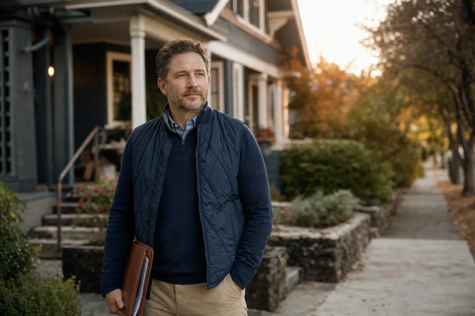 Middle-aged man in a quilted vest standing on a sidewalk in front of a craftsman house holding a folder
