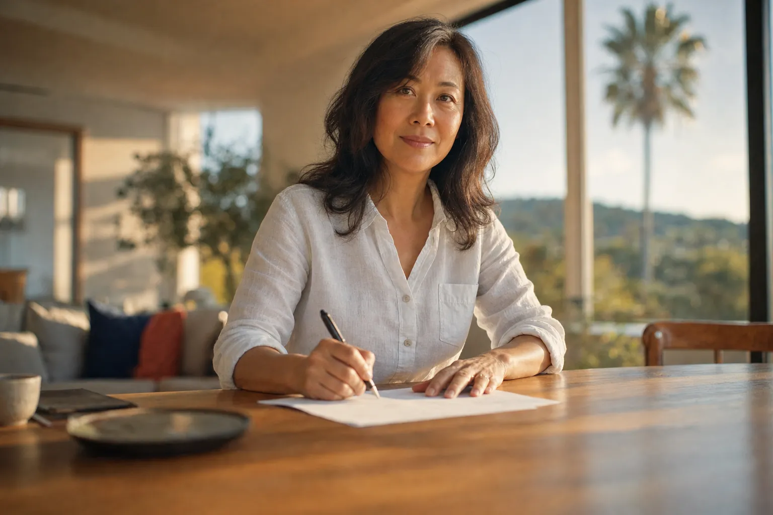 Middle-aged woman in a linen shirt signing papers at a table in a sunlit home with a palm tree outside