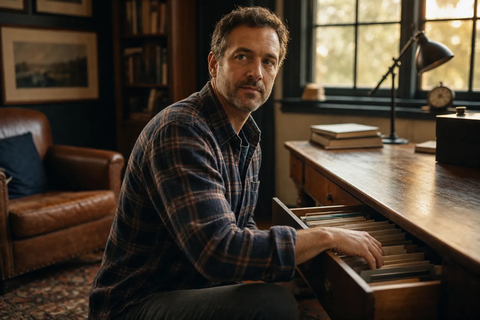 Middle-aged man in a flannel shirt opening a desk drawer of folders in an older home study