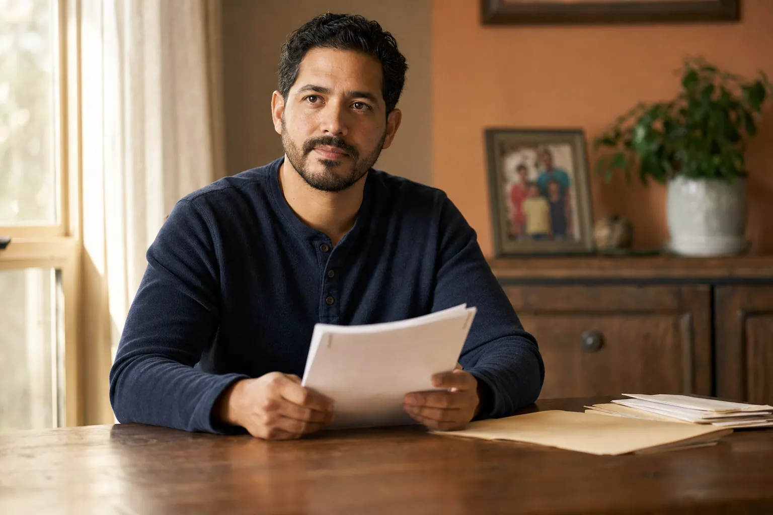 Man in a navy henley at a wooden dining table holding typed pages, a folder and envelopes beside him