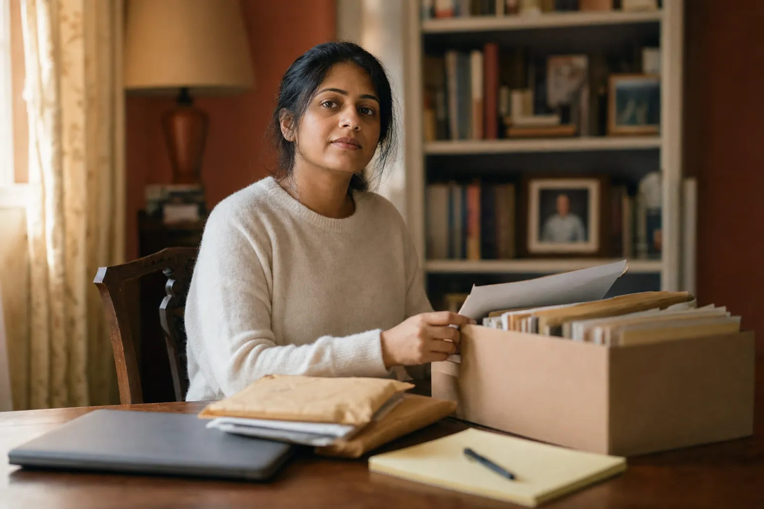 Woman at a wooden desk pulling papers from a file box, with a closed laptop and a yellow legal pad in front of her