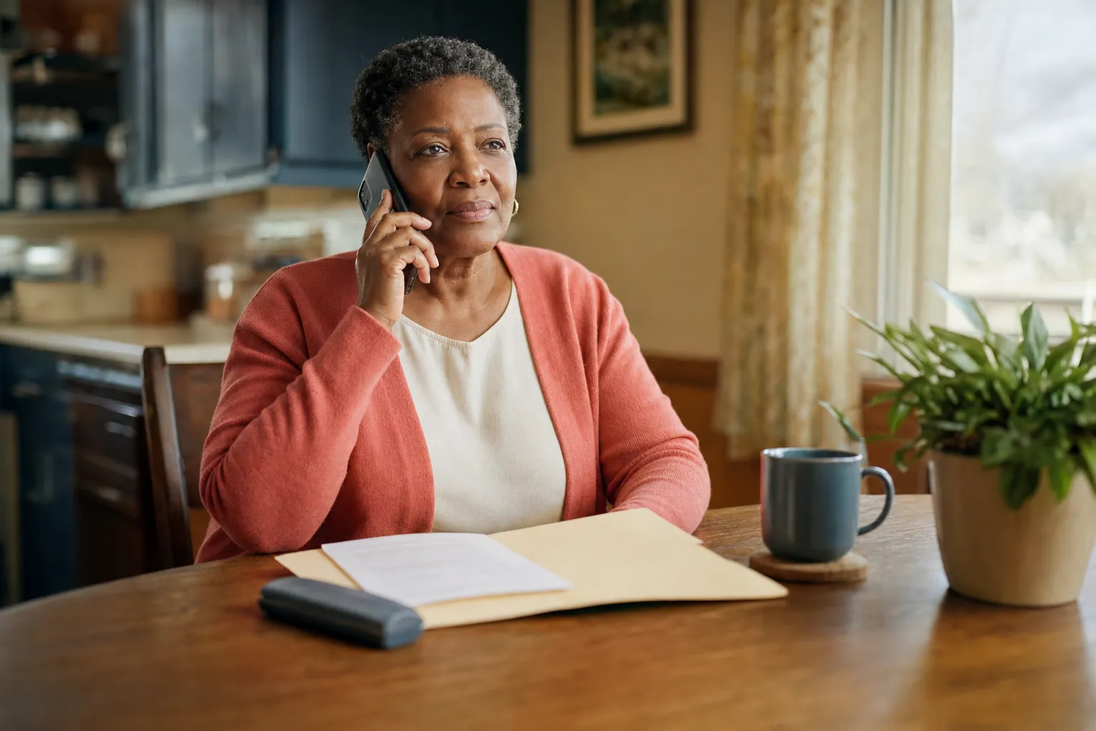 Woman in a coral cardigan on the phone at a kitchen table with an open folder of papers and a mug