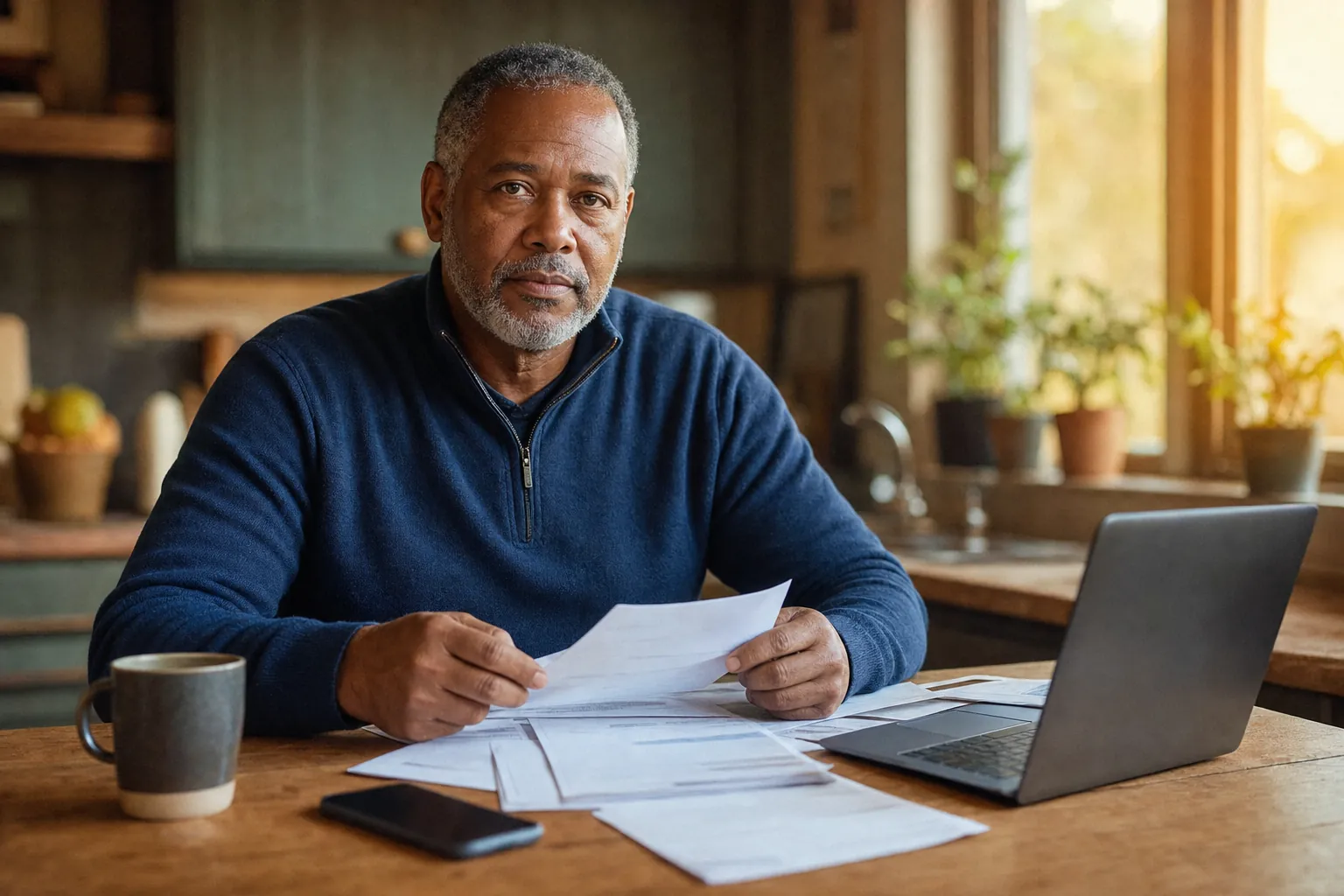 Man in a navy sweater at a kitchen table holding account statements, with a laptop, phone and coffee mug