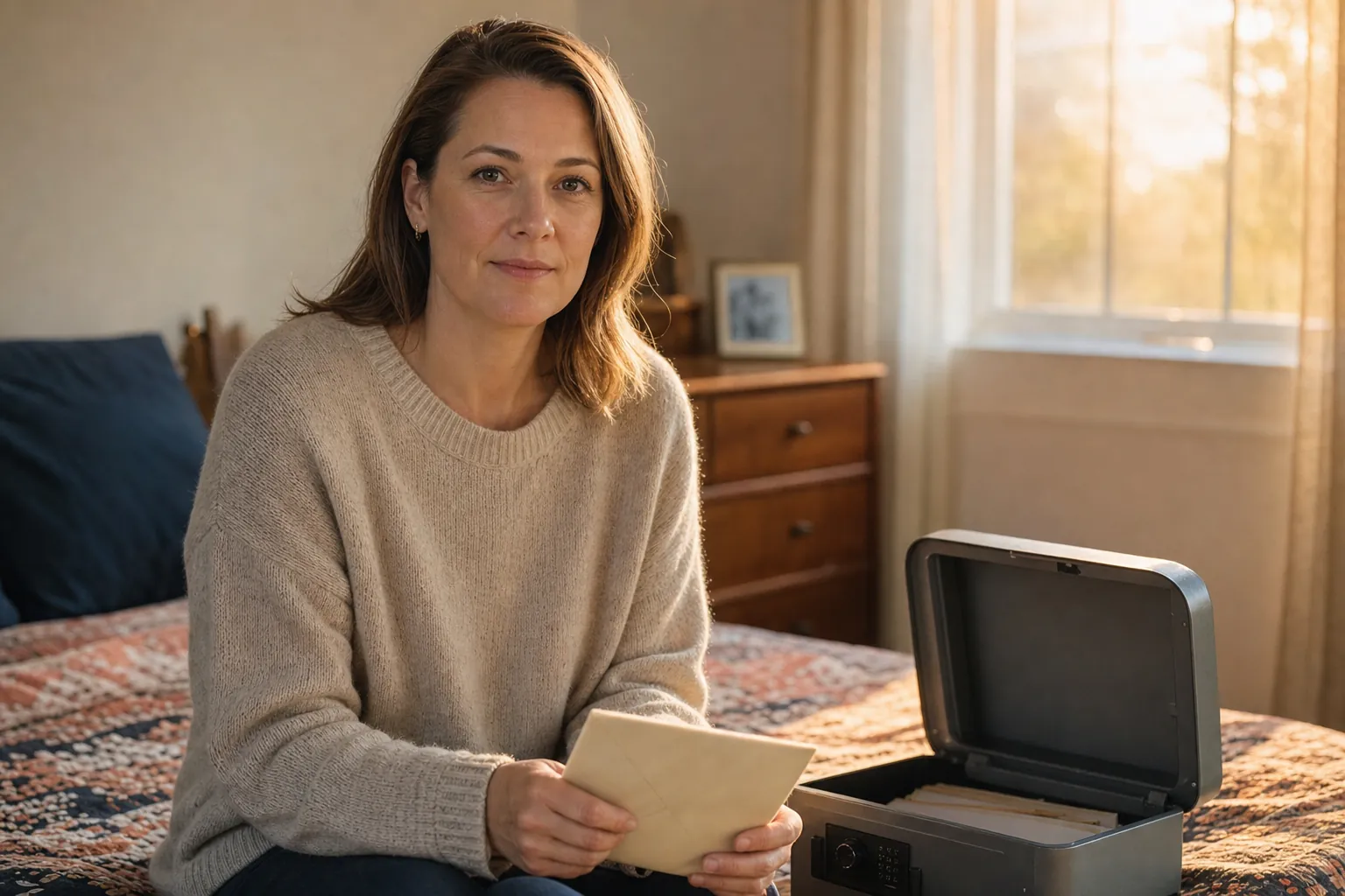 Woman sitting on a bed holding an envelope beside an open fireproof document box in a sunlit bedroom