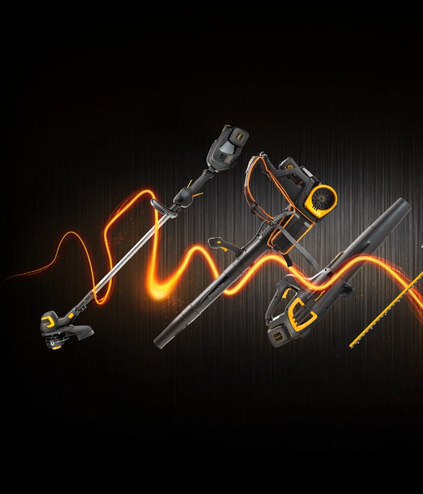 Poulan Pro battery-powered lawn tools: string trimmer, leaf blower, and hedge trimmer on a dark background.