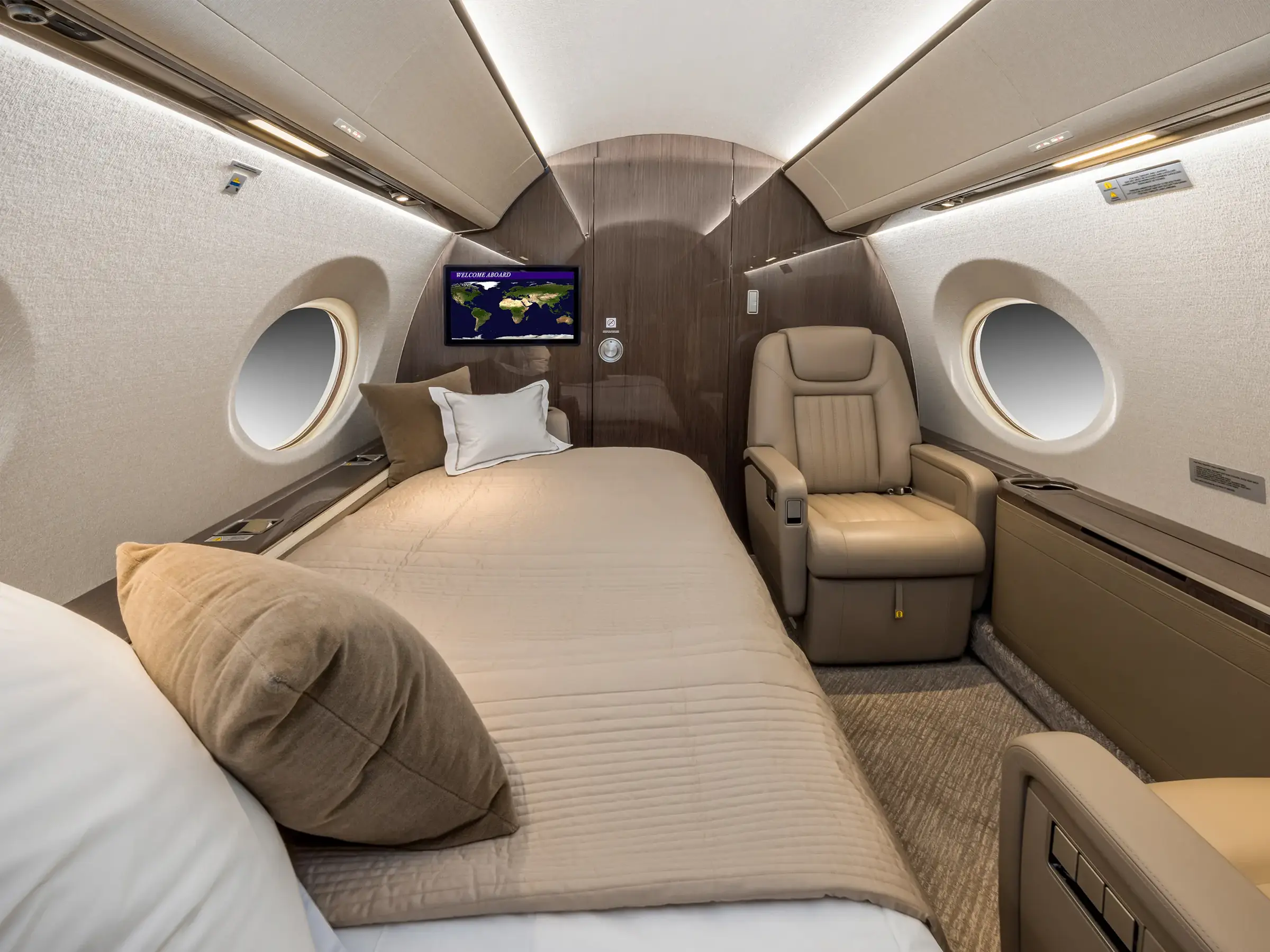 The main cabin of the Falcon 2000LX through the forward galley toward the cockpit