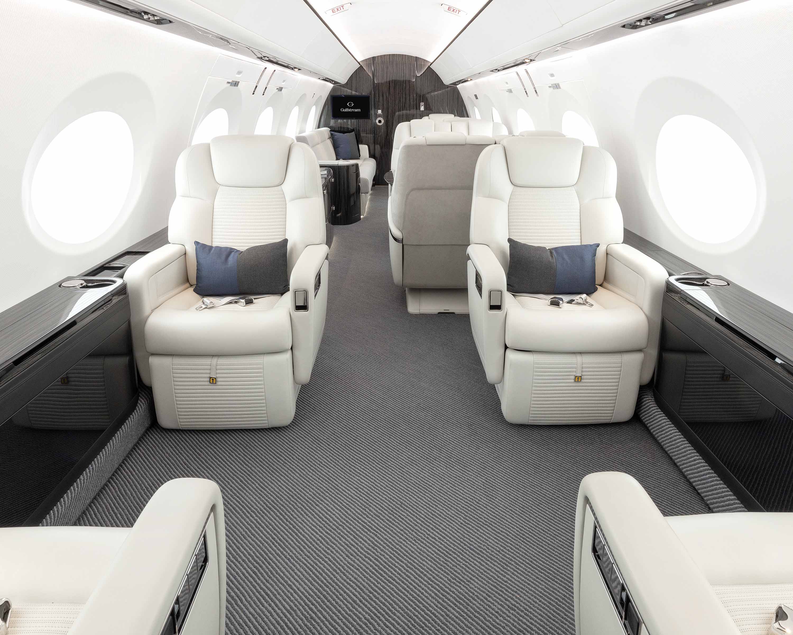 The main cabin of the Falcon 2000LX through the forward galley toward the cockpit