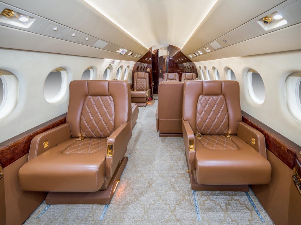 The main cabin of the Falcon 2000LX through the forward galley toward the cockpit