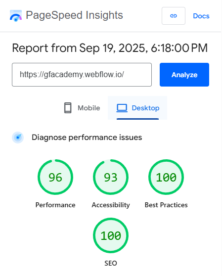 pagespeed results 90-100% desktop