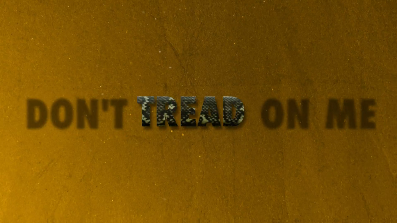 Text stating 'DON'T TREAD ON ME' on a brown textured background.