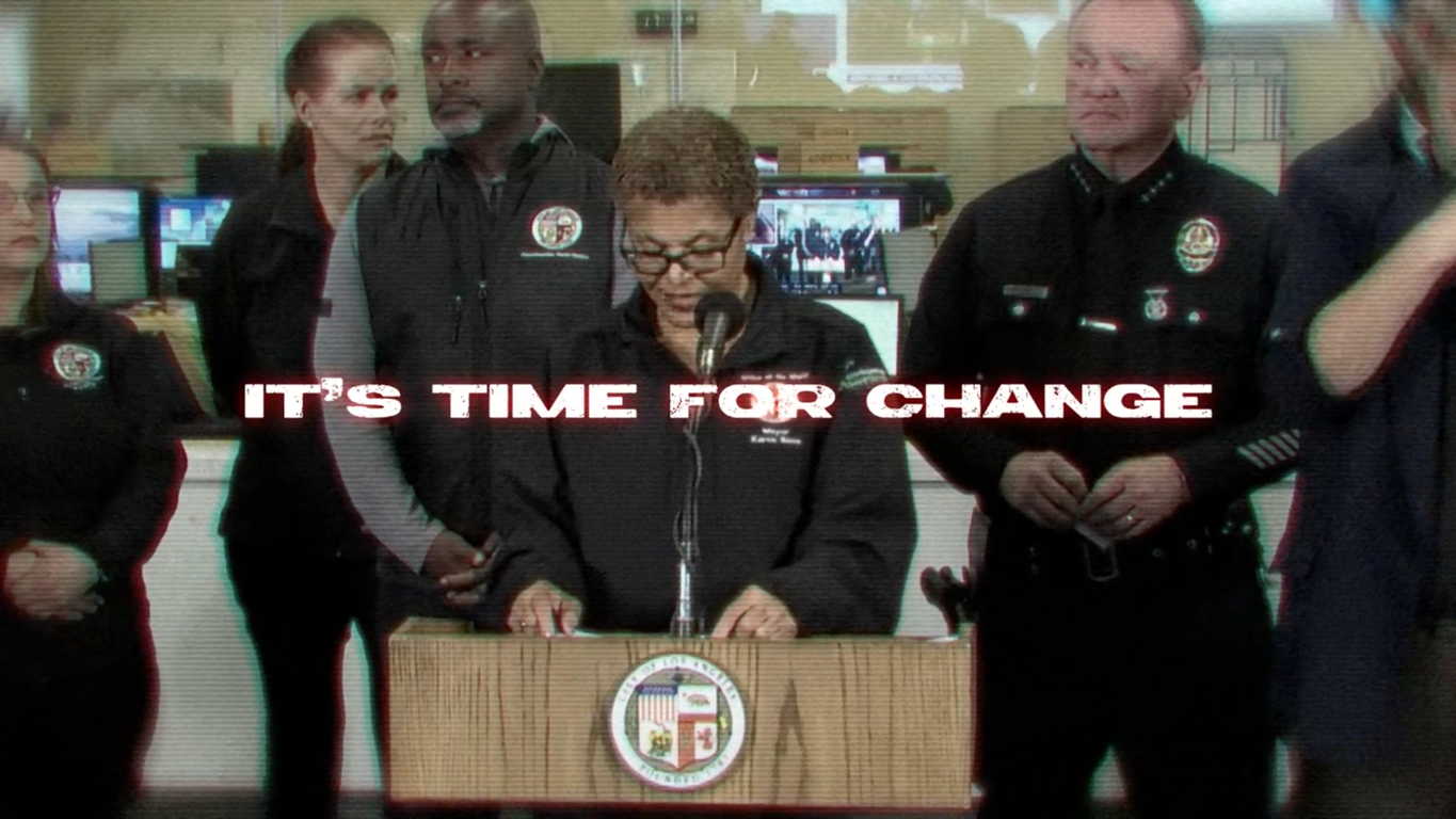 Woman speaking at a podium with City of Los Angeles seal, surrounded by officials, with the text 'IT'S TIME FOR CHANGE' overlaid.