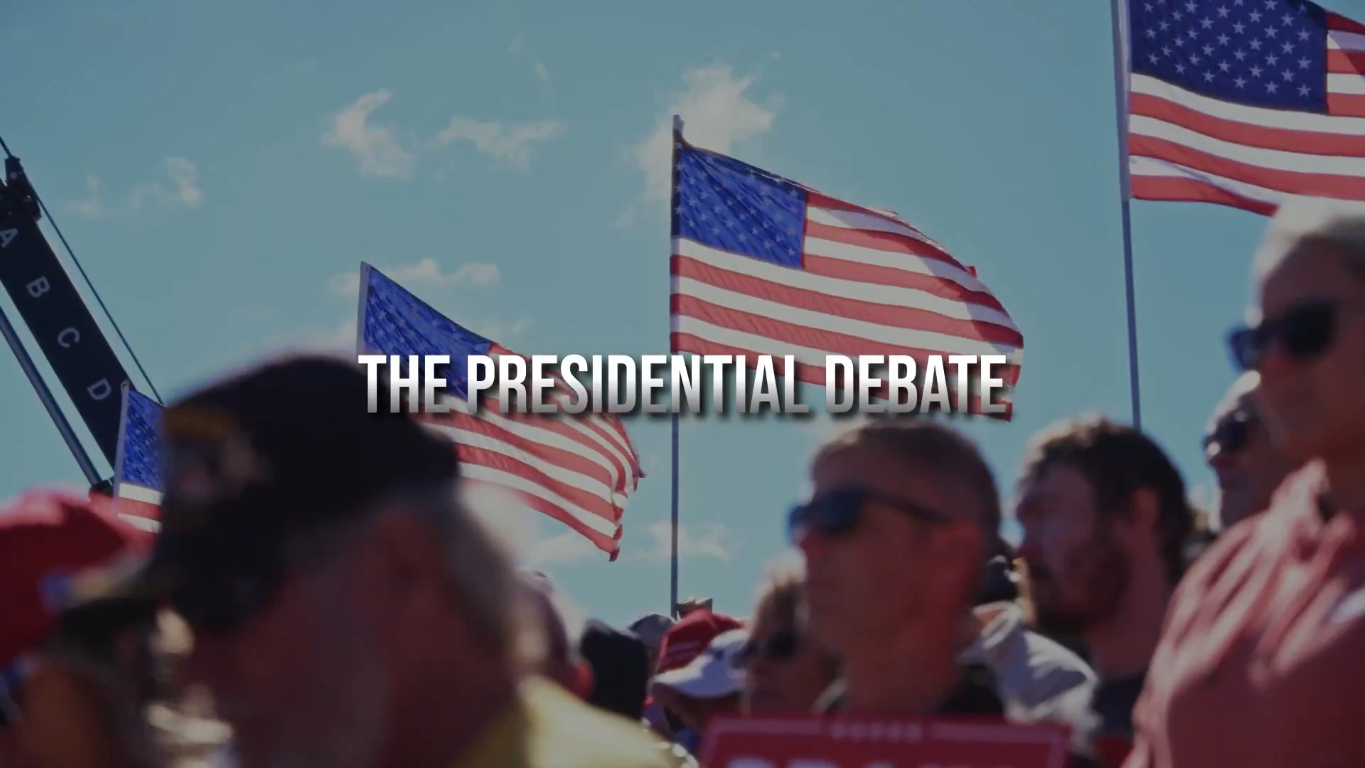 Crowd of people with American flags waving in the background and text reading 'THE PRESIDENTIAL DEBATE' overlaid.