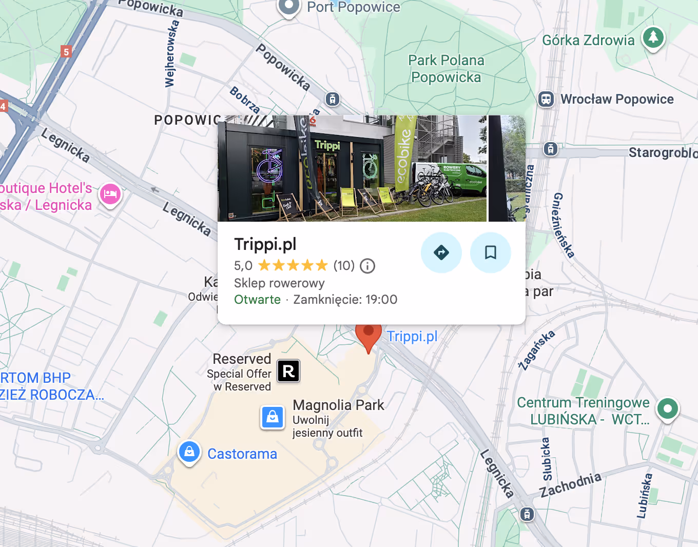 Lokalizacja sklepu rowerowego Trippi.pl w dzielnicy Popowice we Wrocławiu z mapą Google Maps. Widoczne elementy: ocena 5.0 gwiazdek (10 opinii), godziny otwarcia do 19:00, status "otwarte", zdjęcie sklepu z ekspozycją rowerów i marką ecobike. Położenie: ul. Legnicka, blisko Magnolia Park.
Kategorie: sklep rowerowy Wrocław, Trippi.pl, Popowice, Google Maps, sklep z rowerami, ecobike, Legnicka Wrocław, rowery Wrocław
