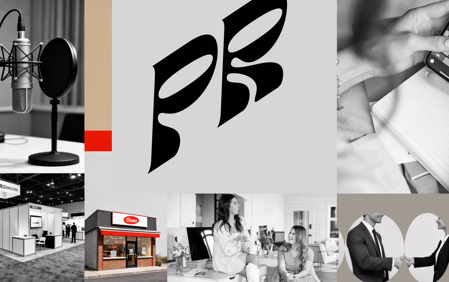 Collage with a microphone, the letters "PR," phone and notebook, trade show booth, restaurant exterior, two business people, and handshaking.