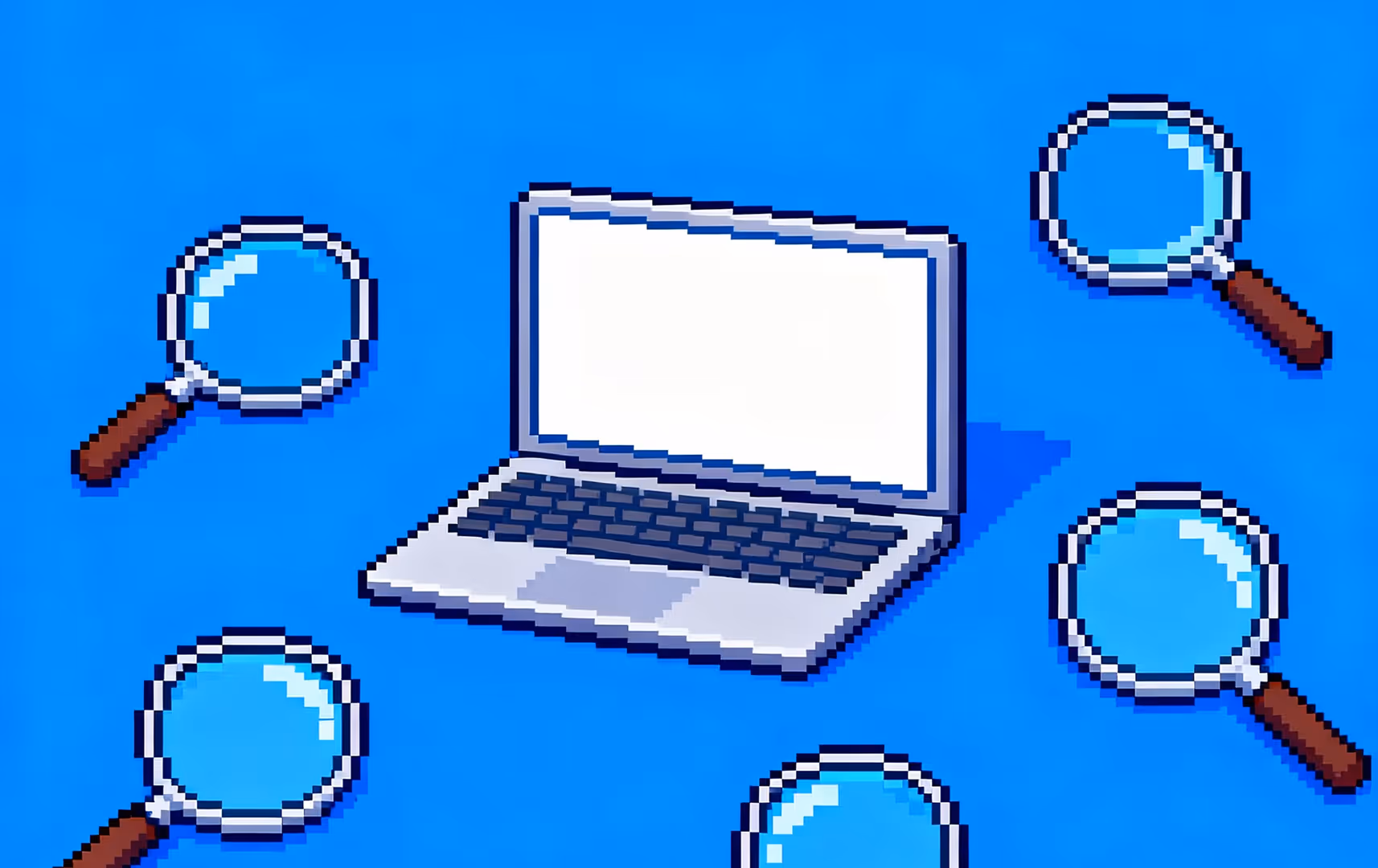 Pixel art of a laptop on a blue background, surrounded by five magnifying glasses. The image suggests exploration or searching online.