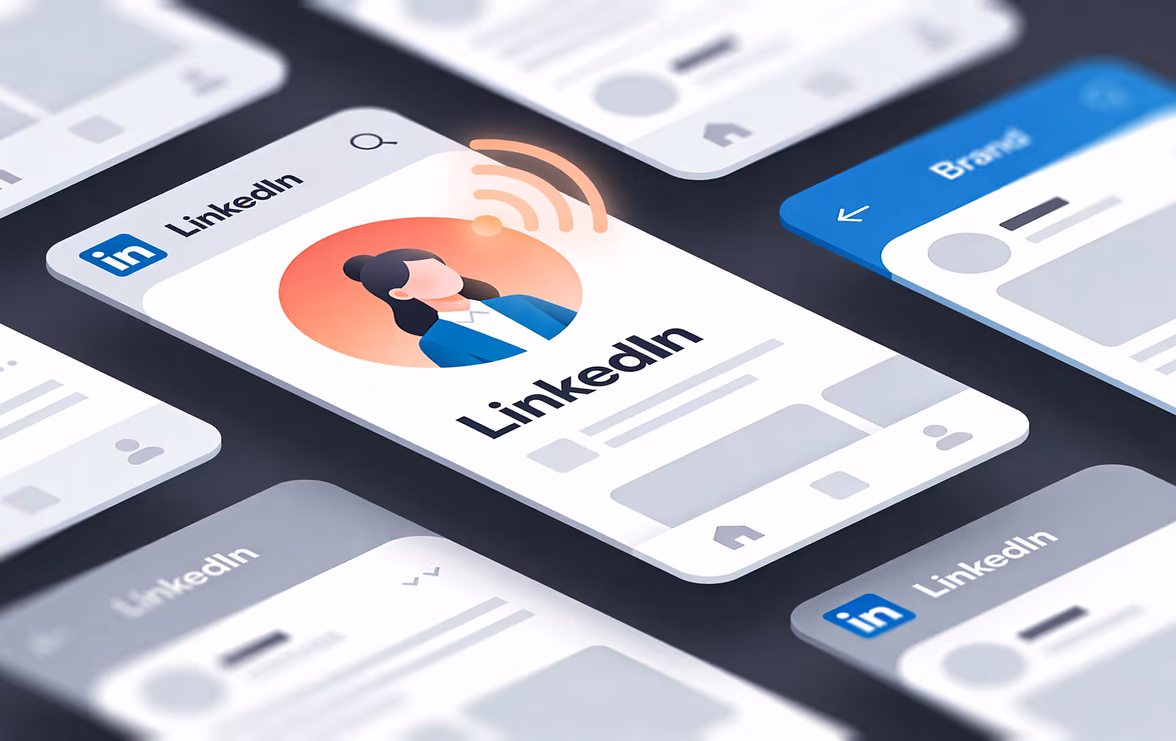Illustration of a stylized LinkedIn mobile interface. A central profile card features a person with an orange signal icon, symbolizing connectivity. Other app screens surround it.