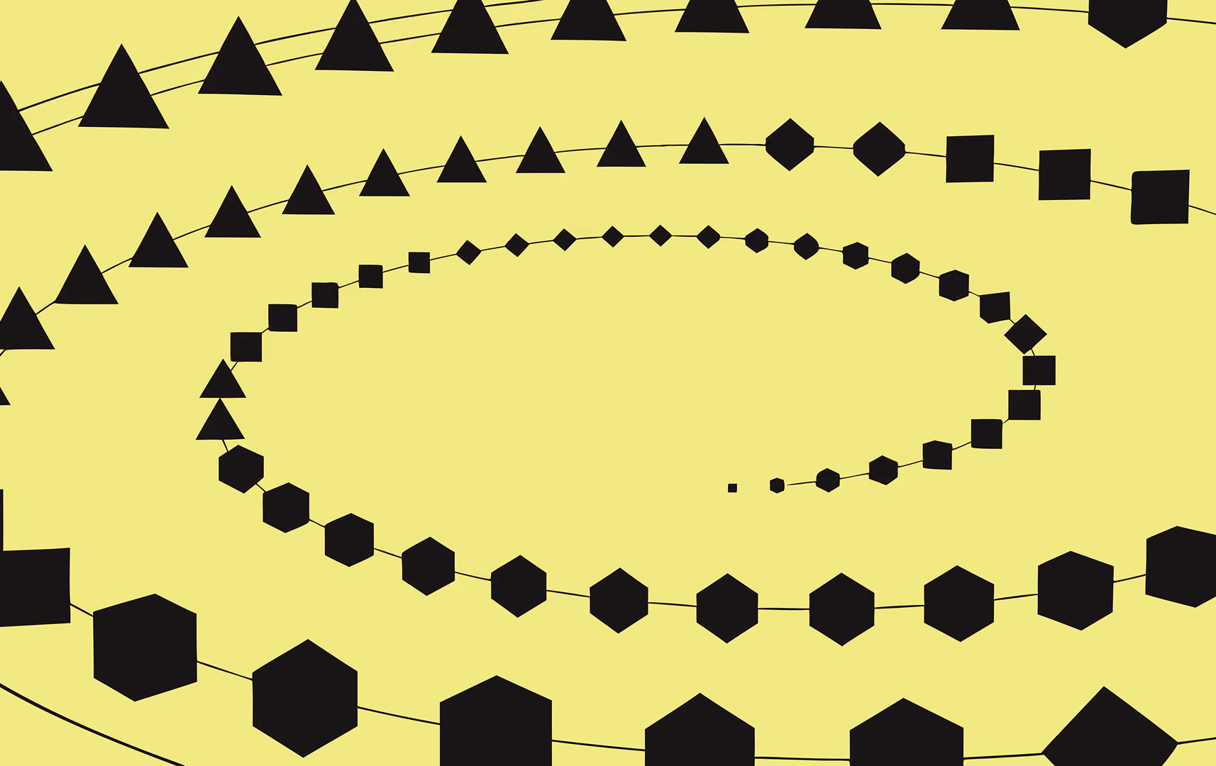 Spiral design with black triangles, squares, and hexagons against a yellow backdrop.