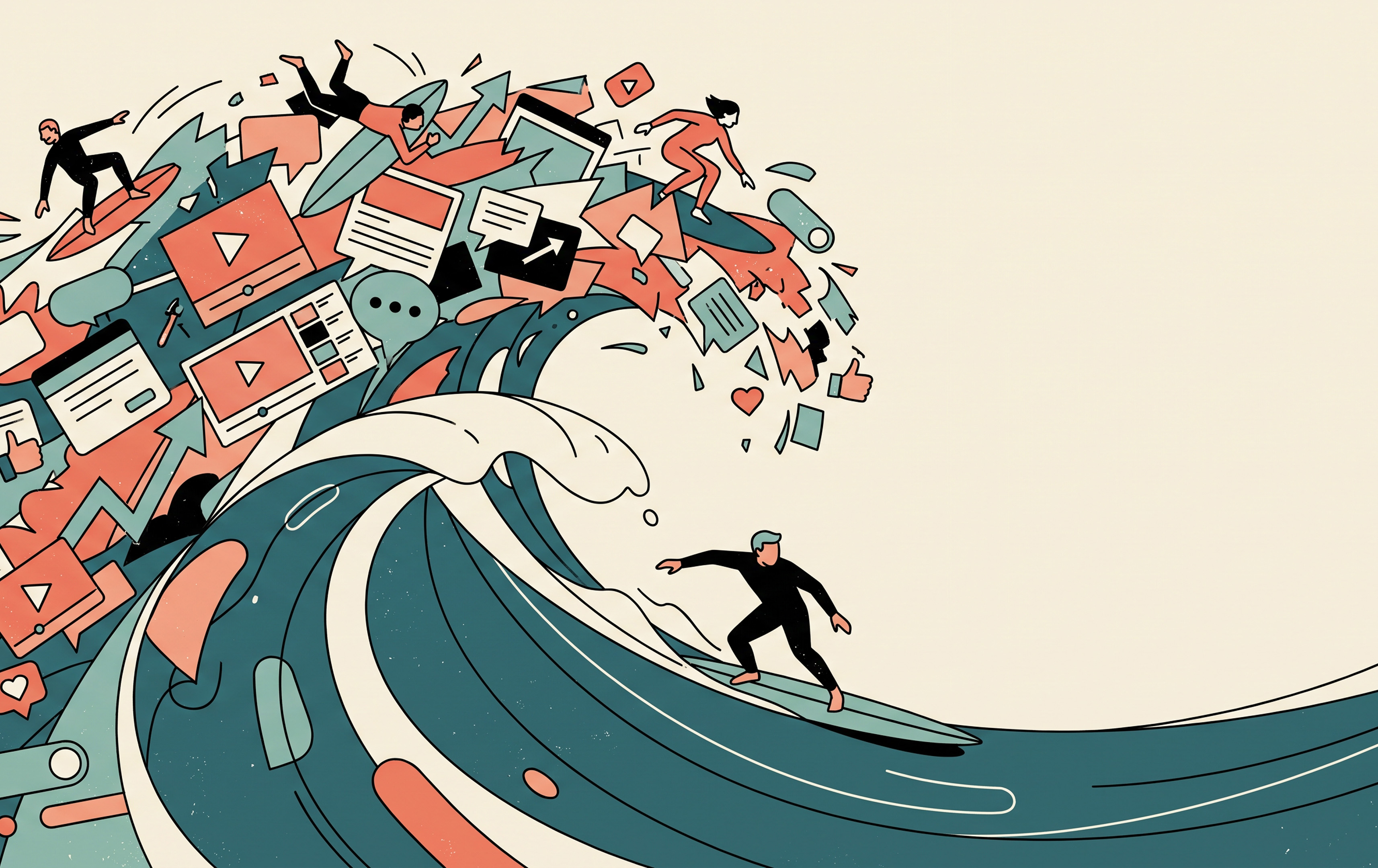 Editorial illustration of surfers riding a wave made from social media content, representing short-lived trends versus lasting audience behavior in digital marketing.