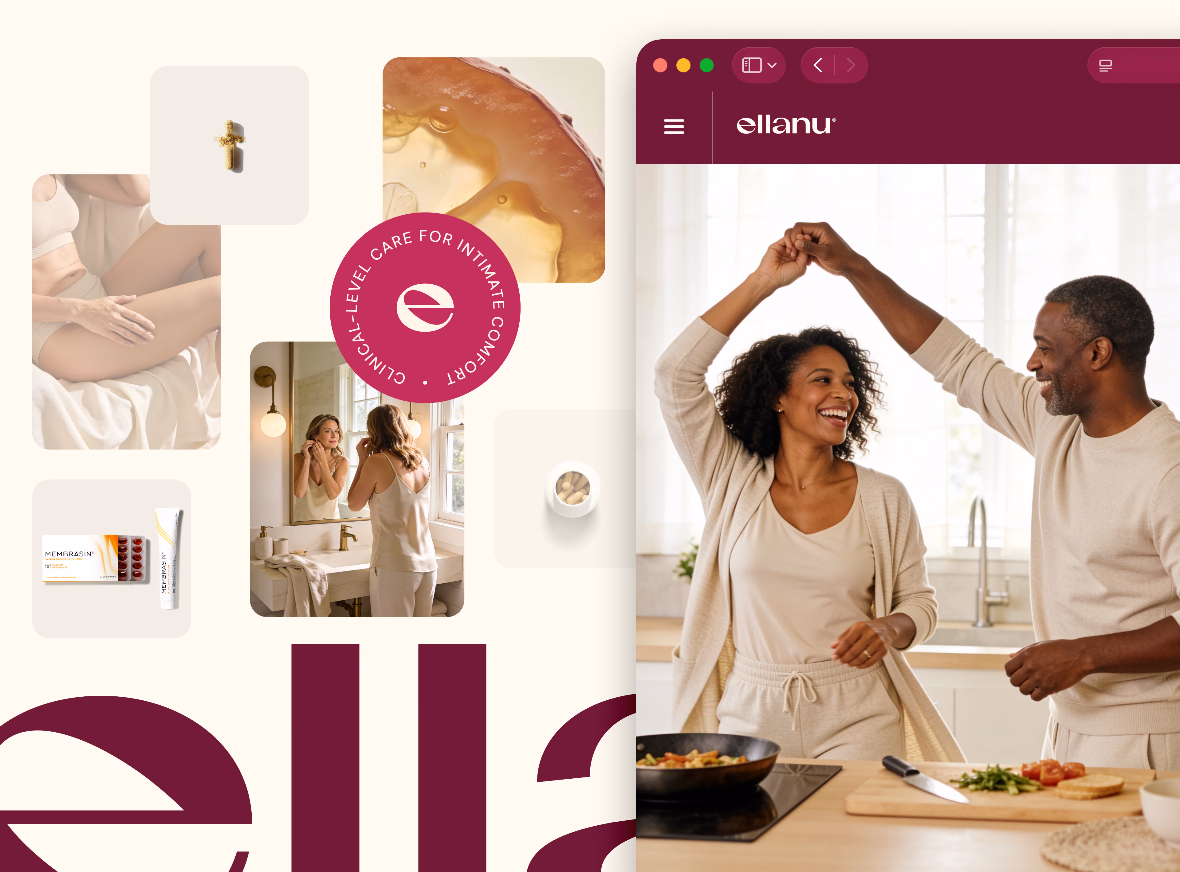 EllaNu rebrand collage with lifestyle photography, product imagery, a wordmark, and digital design.