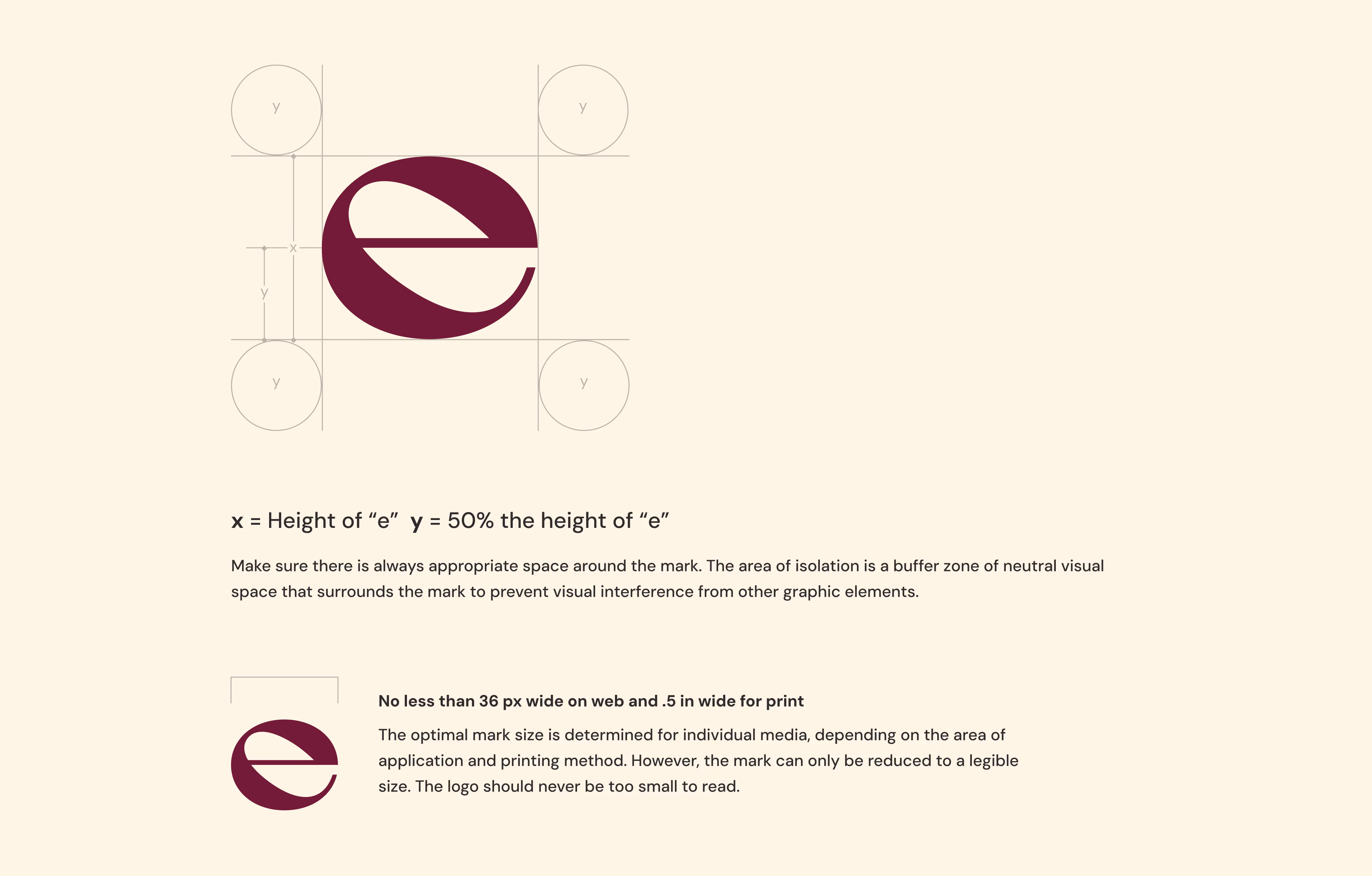 EllaNu lowercase e emblem with construction and clear-space guidance.