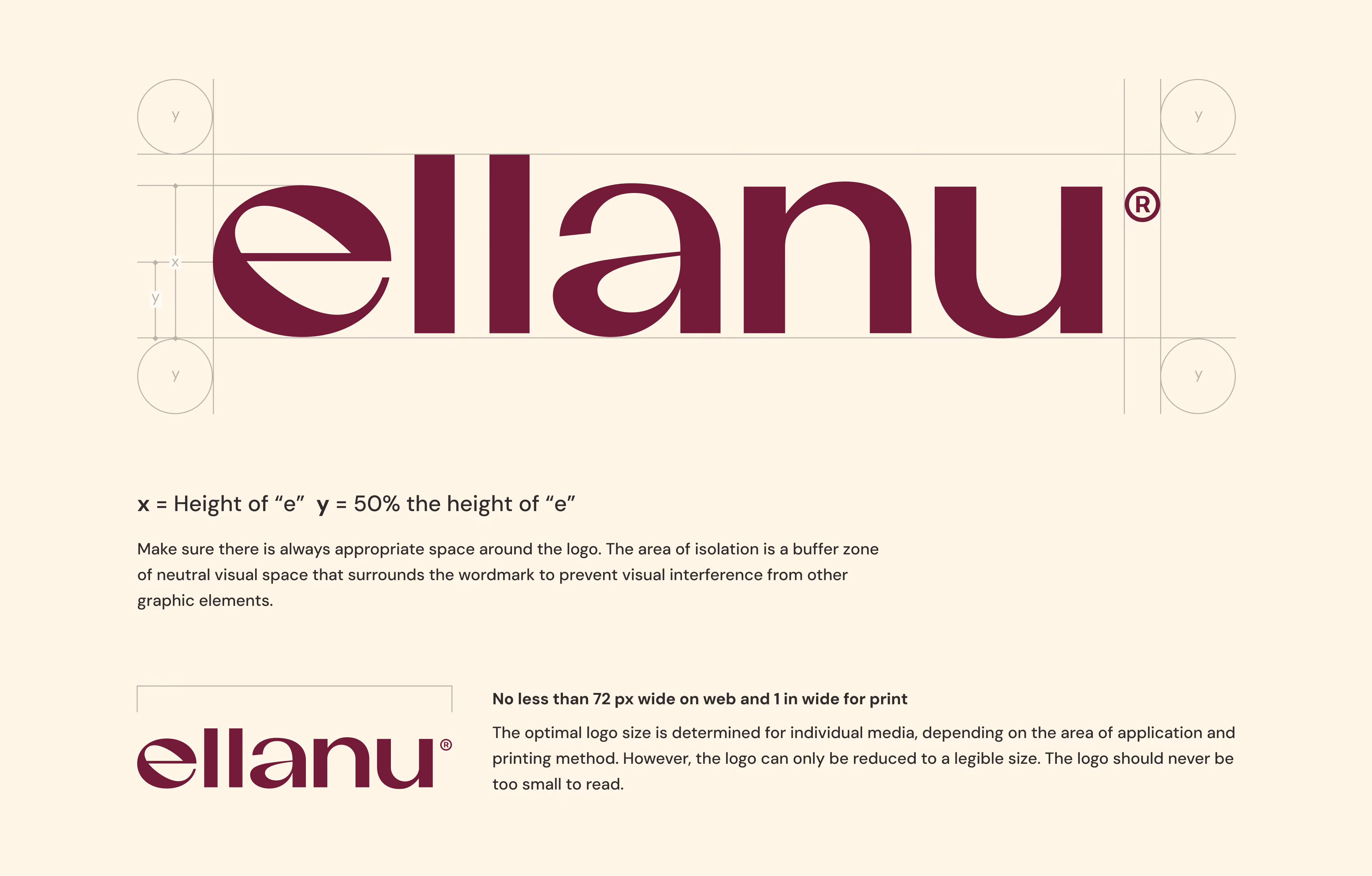 EllaNu burgundy wordmark with logo construction and clear-space guidance.