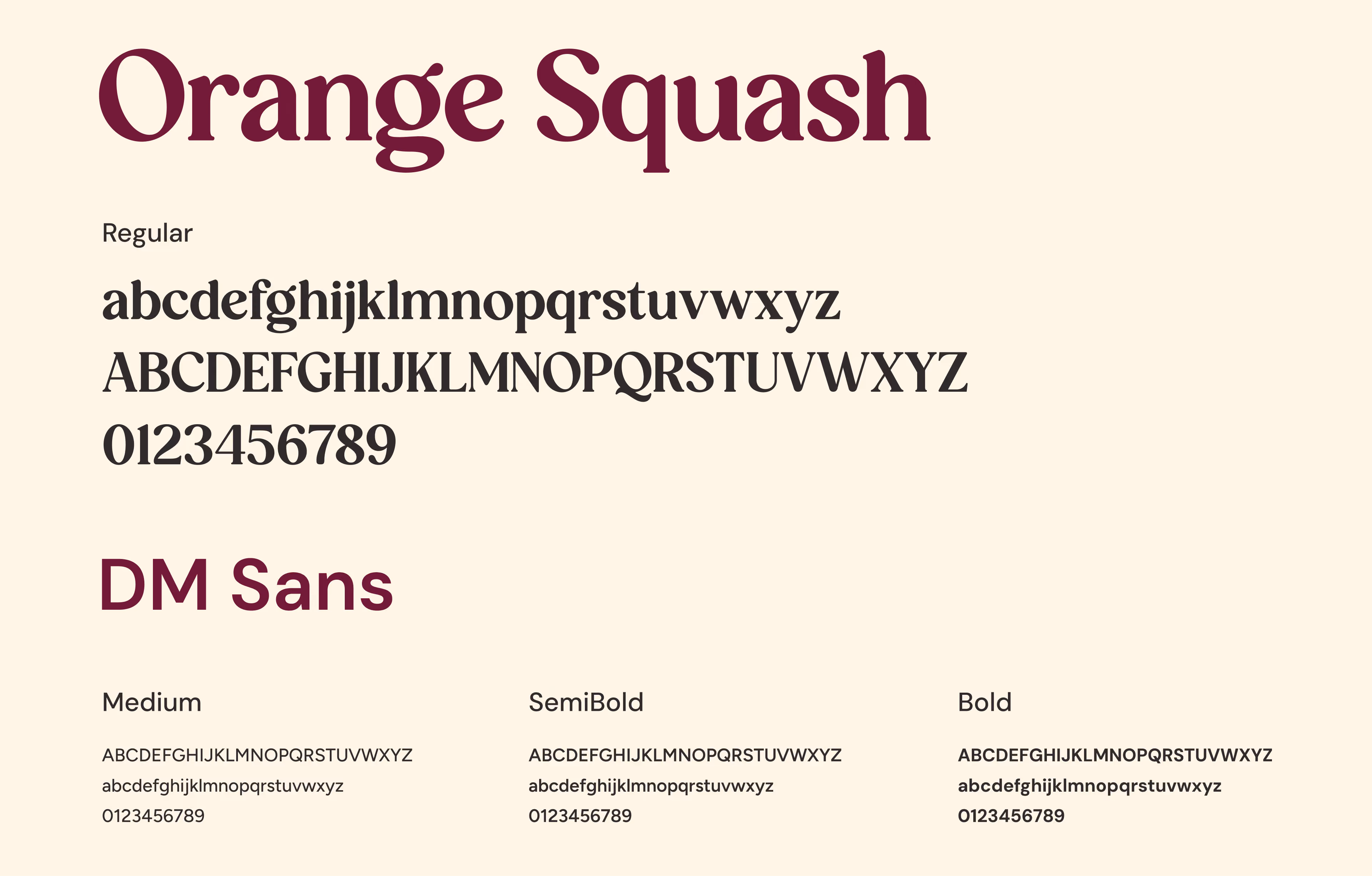 EllaNu typography specimens showing Orange Squash and DM Sans.