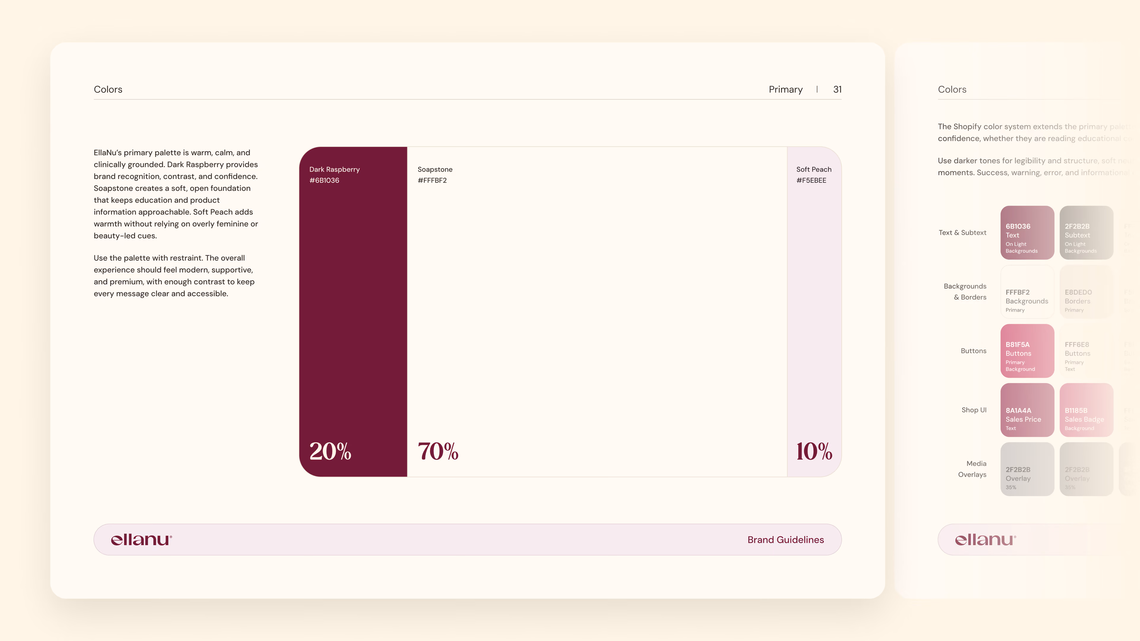EllaNu primary and supporting brand color proportions.