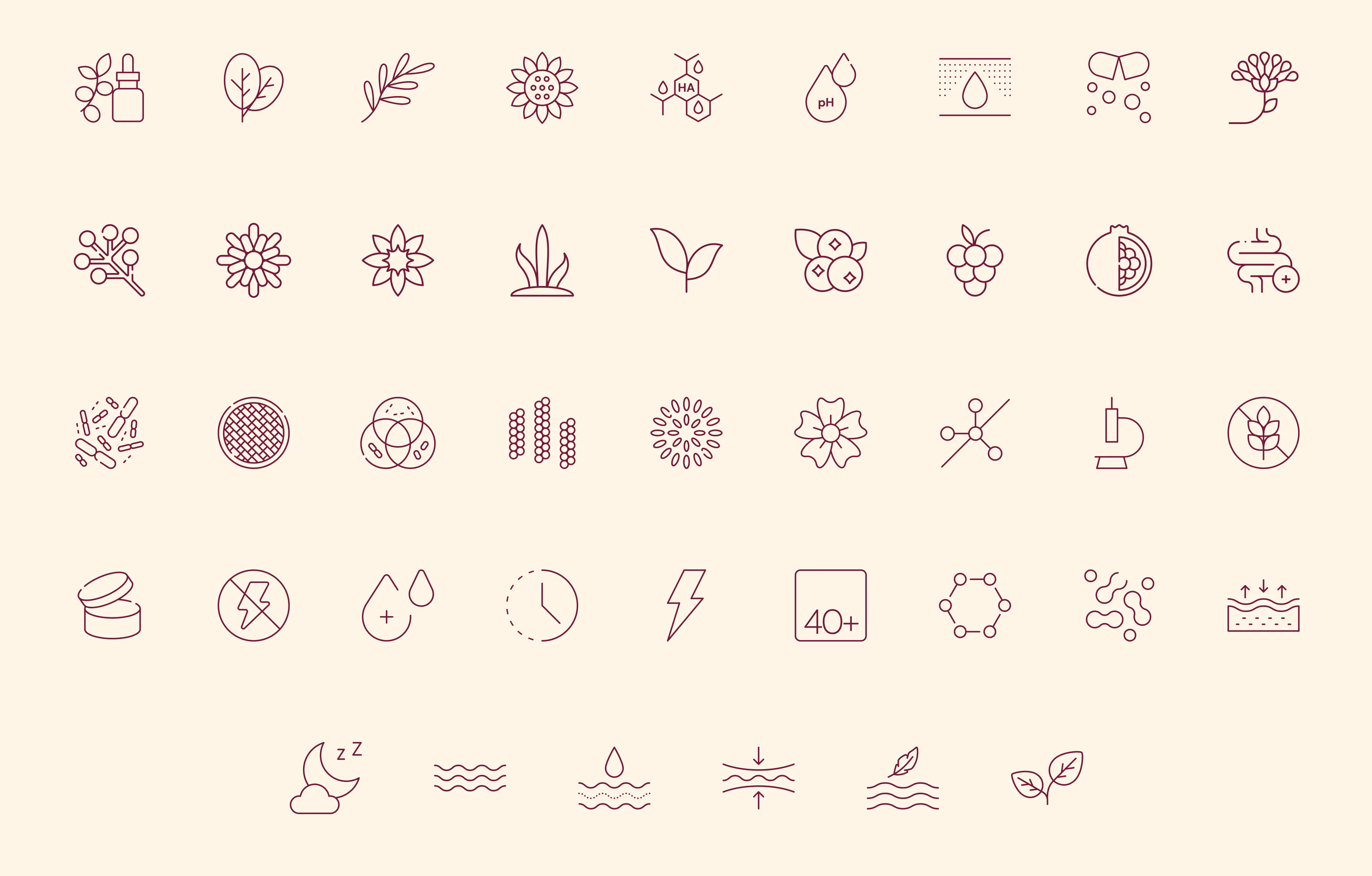 Collection of burgundy EllaNu brand icons on a cream background.