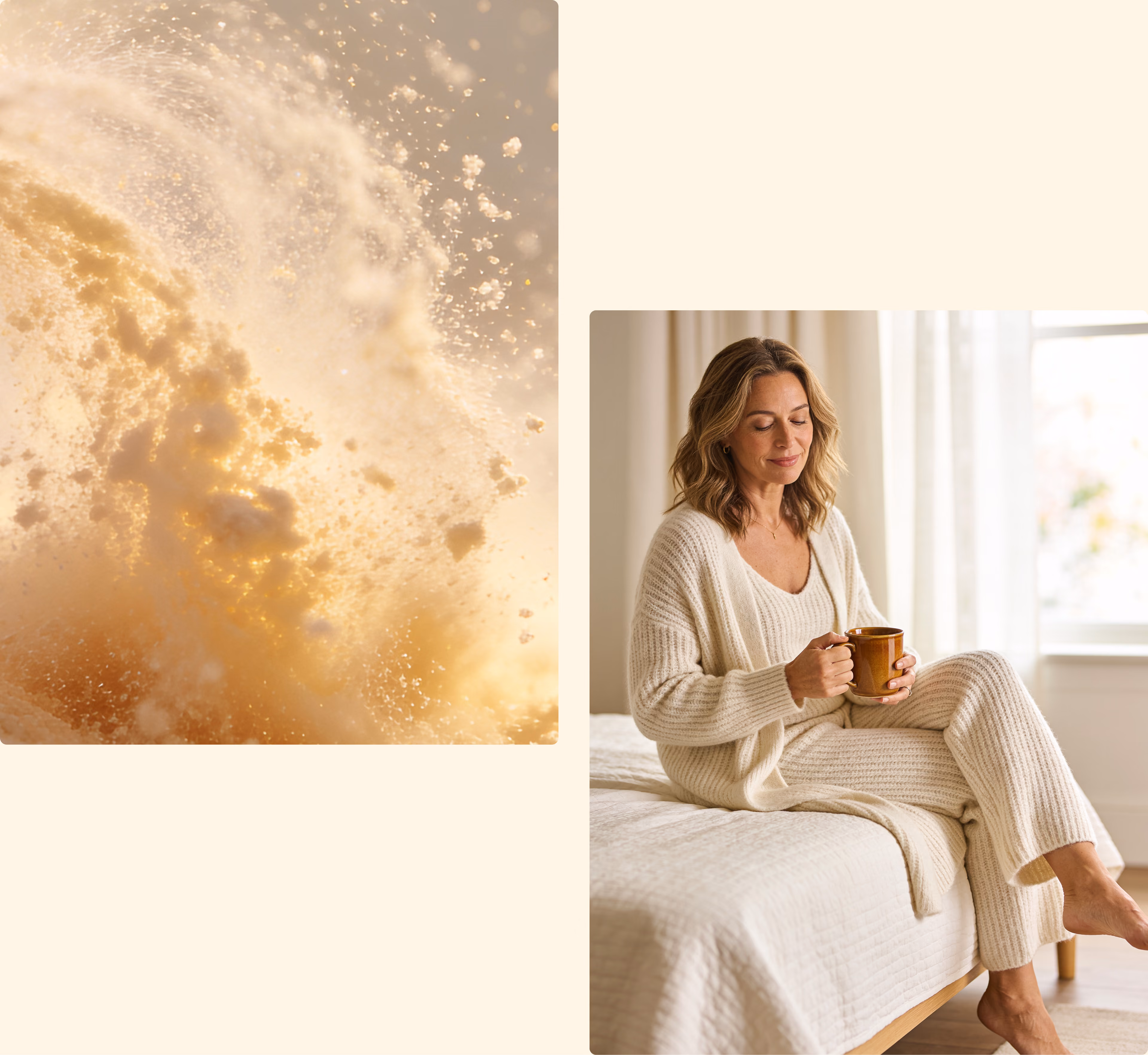 EllaNu photography collage combining golden texture, soft shadow, and a woman holding a mug.
