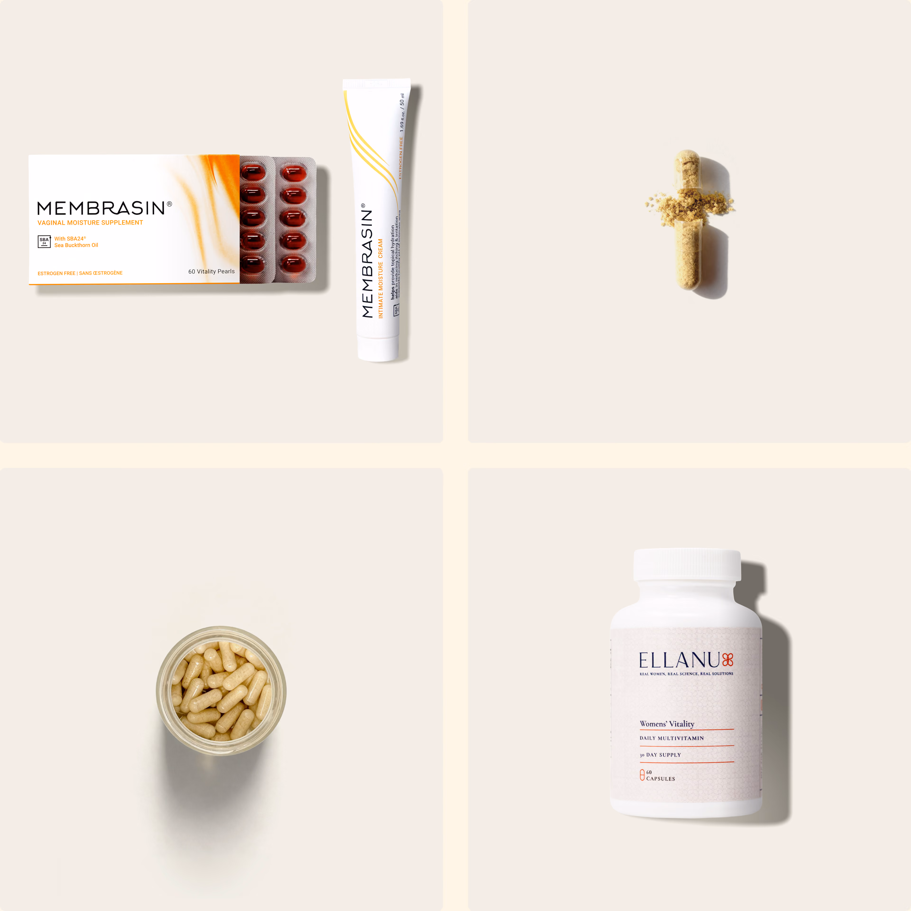 Four EllaNu product and ingredient images arranged in a square grid.