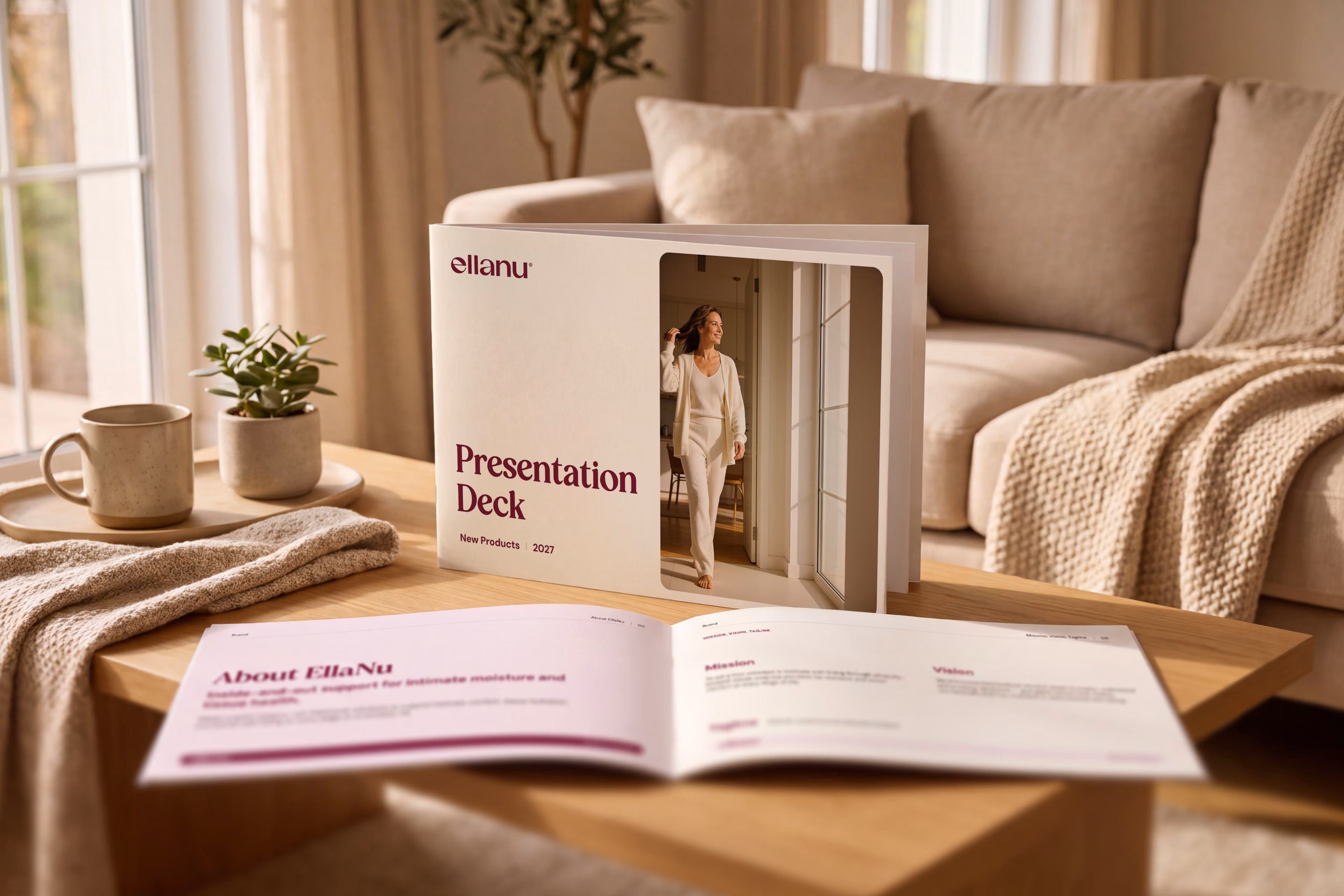 EllaNu presentation deck and printed brand book in a softly lit room.
