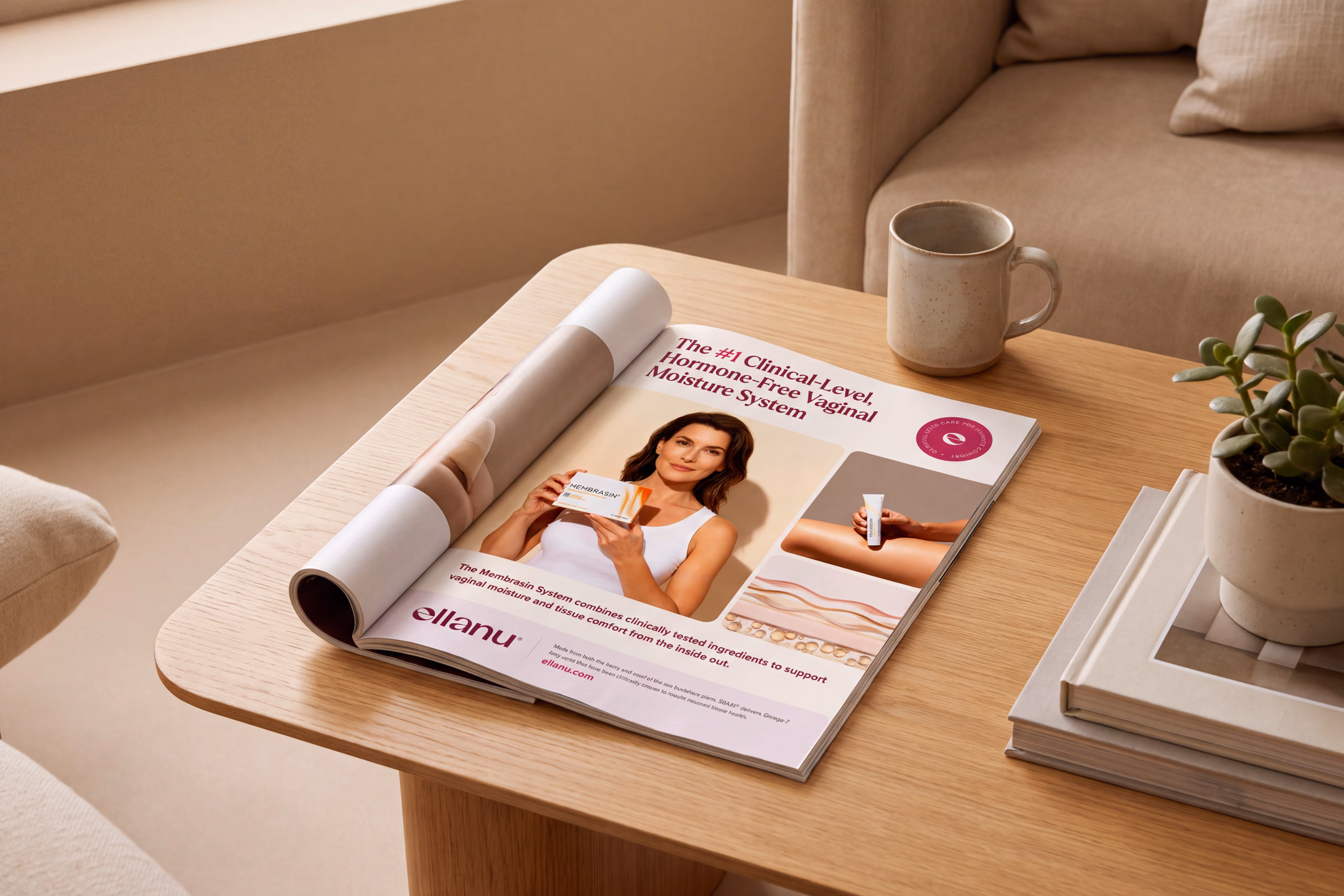 EllaNu magazine layout displayed on a coffee table.