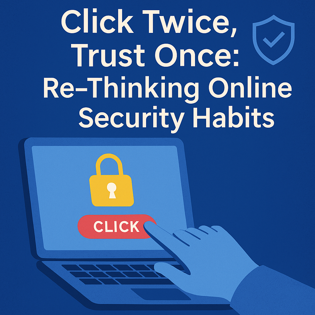 Flat-style digital illustration for a blog post titled “Click Twice, Trust Once: Re-Thinking Online Security Habits”, showing a person using a laptop with security icons like locks and shields around them.