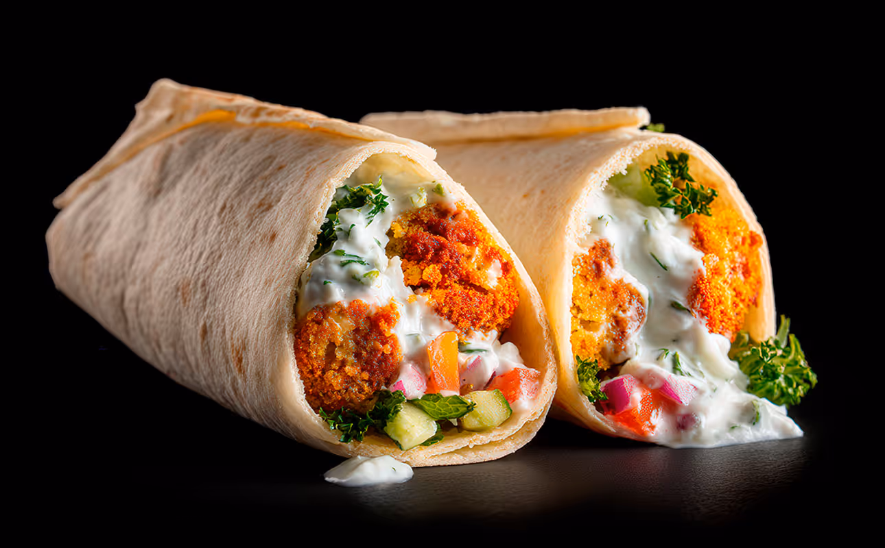 Falafel wraps with fresh salad and yougurt dressing